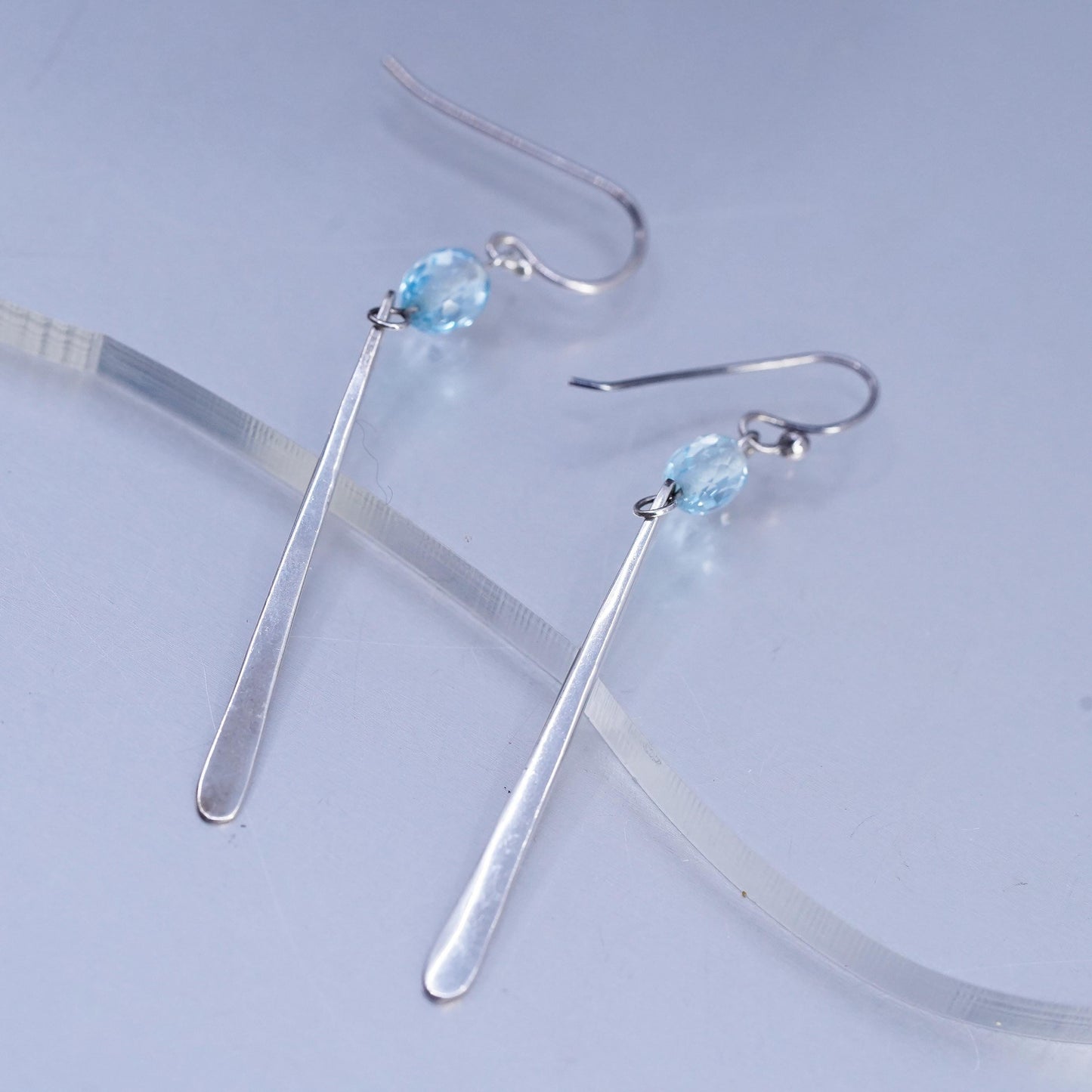 Vintage Sterling 925 silver handmade long dangle earrings with blue crystal
