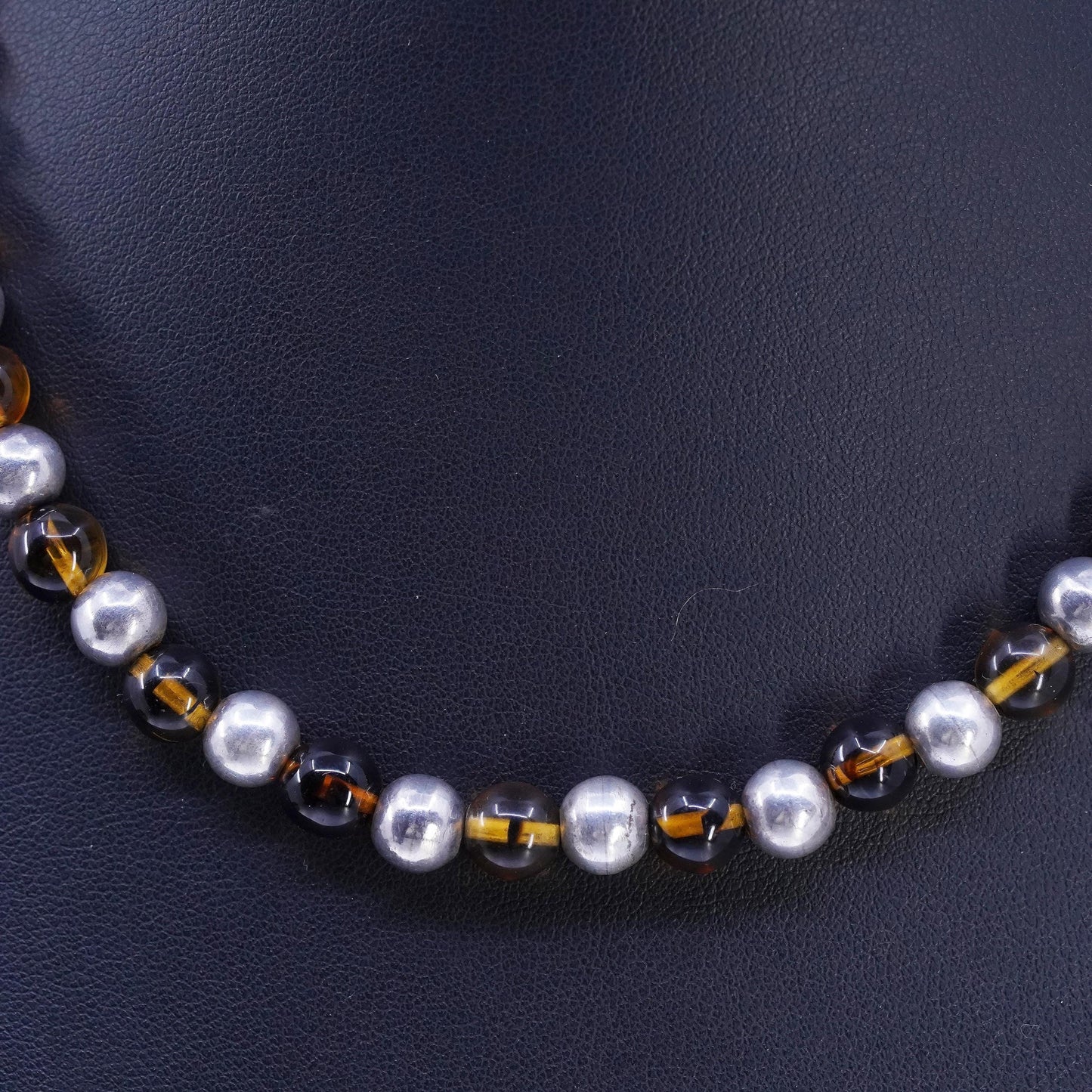 16" 8mm, Vintage Sterling 925 silver necklace with amber beads toggle closure