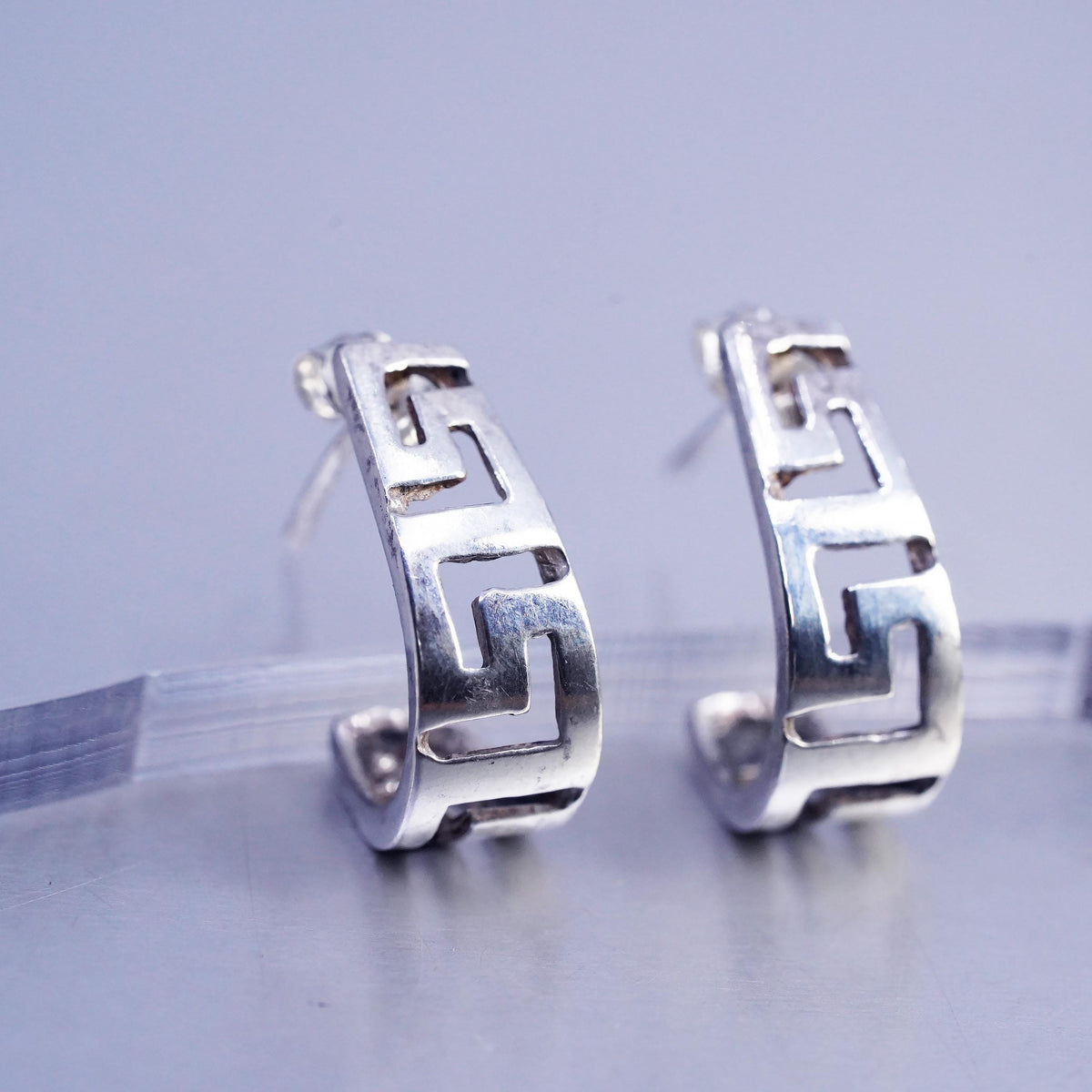 Vintage Sterling 925 silver handmade huggie studs earrings Greek key cut out
