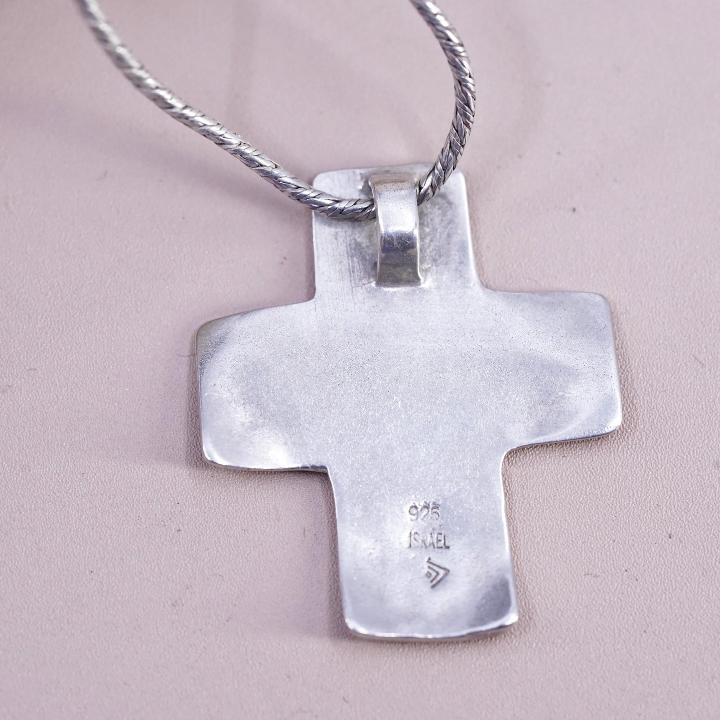 18" VTG Israel Sterling silver necklace, 925 snake chain textured cross pendant
