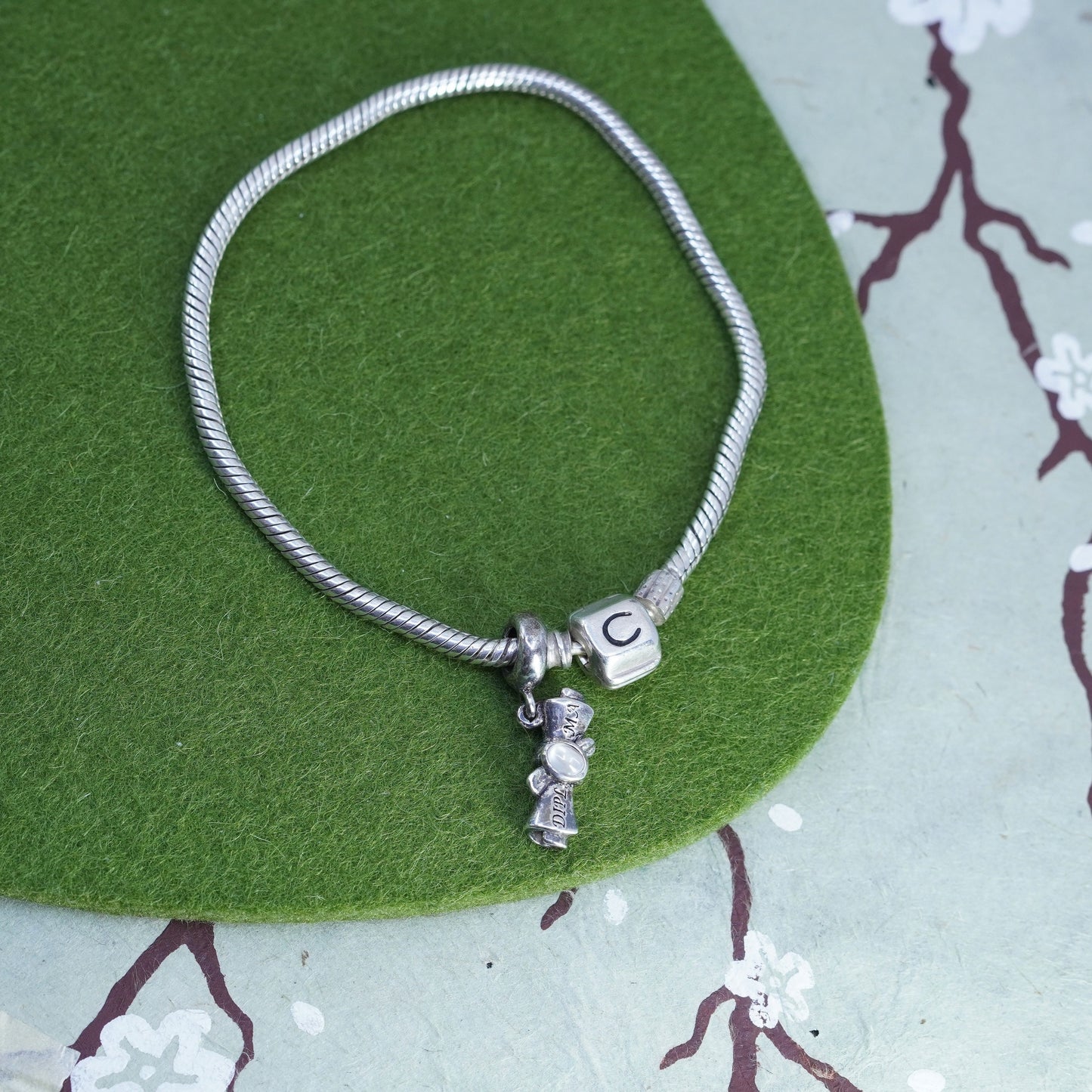 7.5”, Cham sterling silver handmade bracelet, 925 snake chain w/ diploma charm