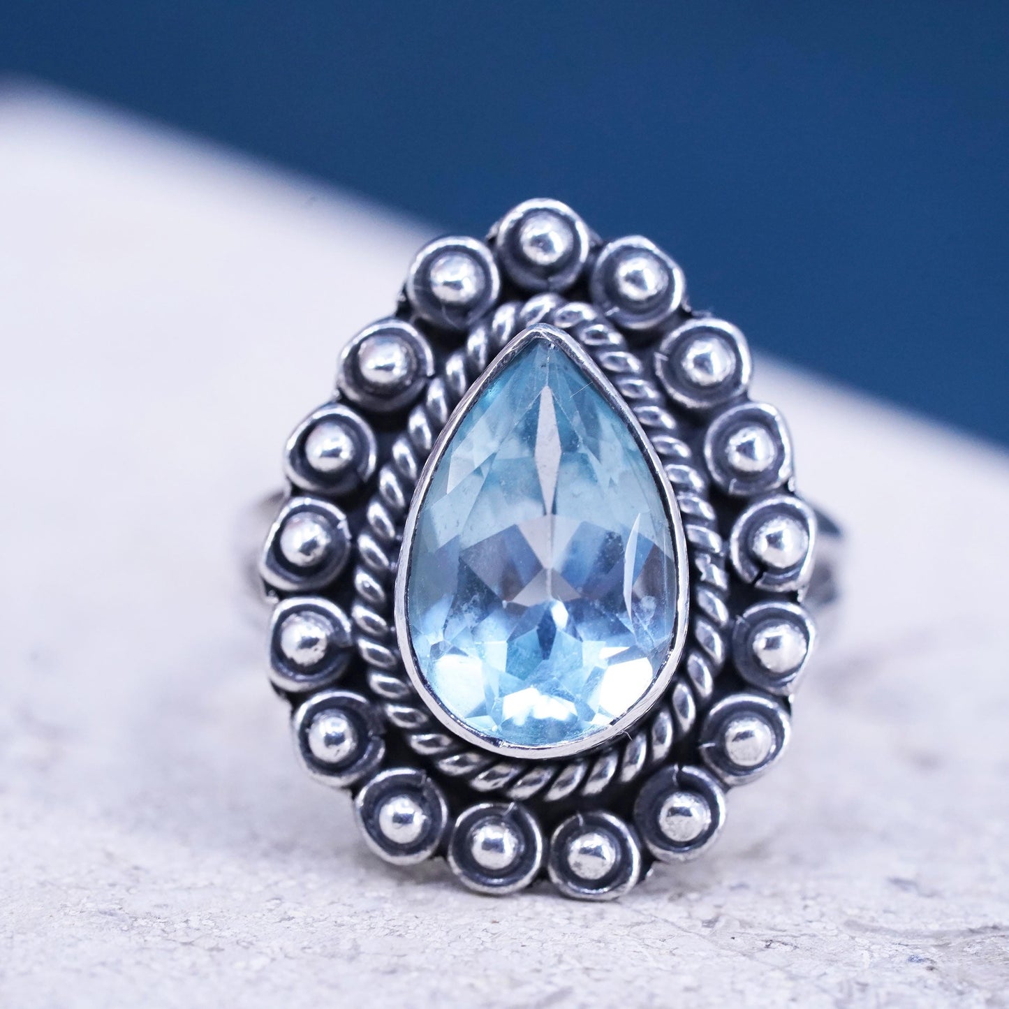 Size 7.25, vintage YS Sterling 925 silver handmade ring teardrop topaz beads