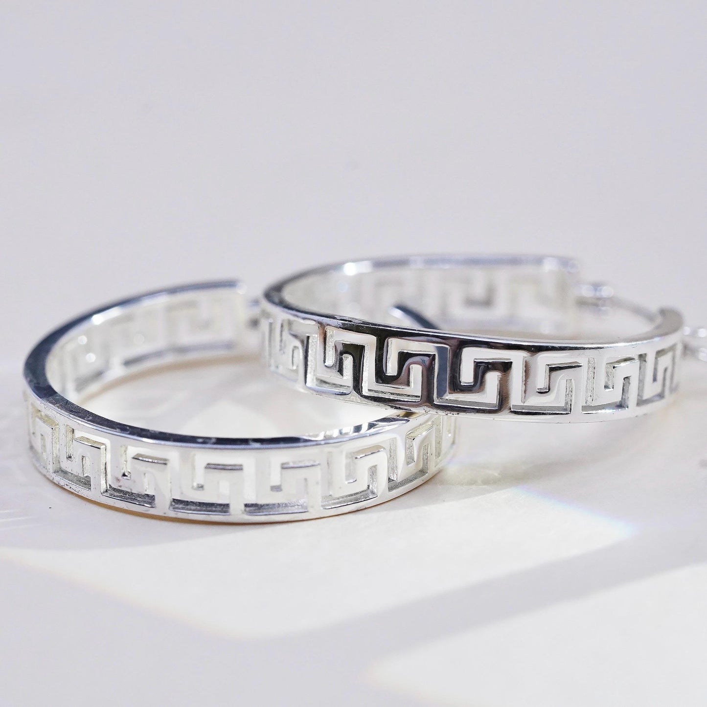 1", Vintage 925 sterling silver loop earrings, fashion Greek key openwork hoops