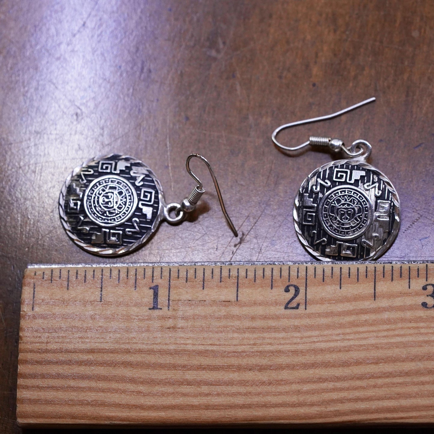 Vintage sterling silver handmade earrings, 925 circle with Mayan calendar