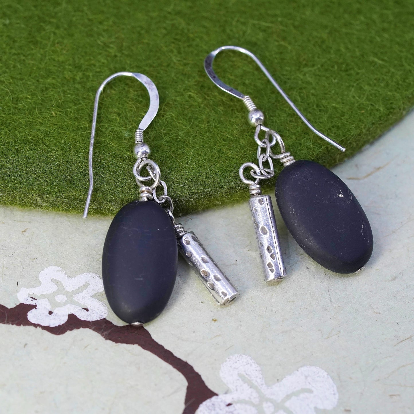 Vintage sterling 925 silver handmade earrings with pebble stone Dangles