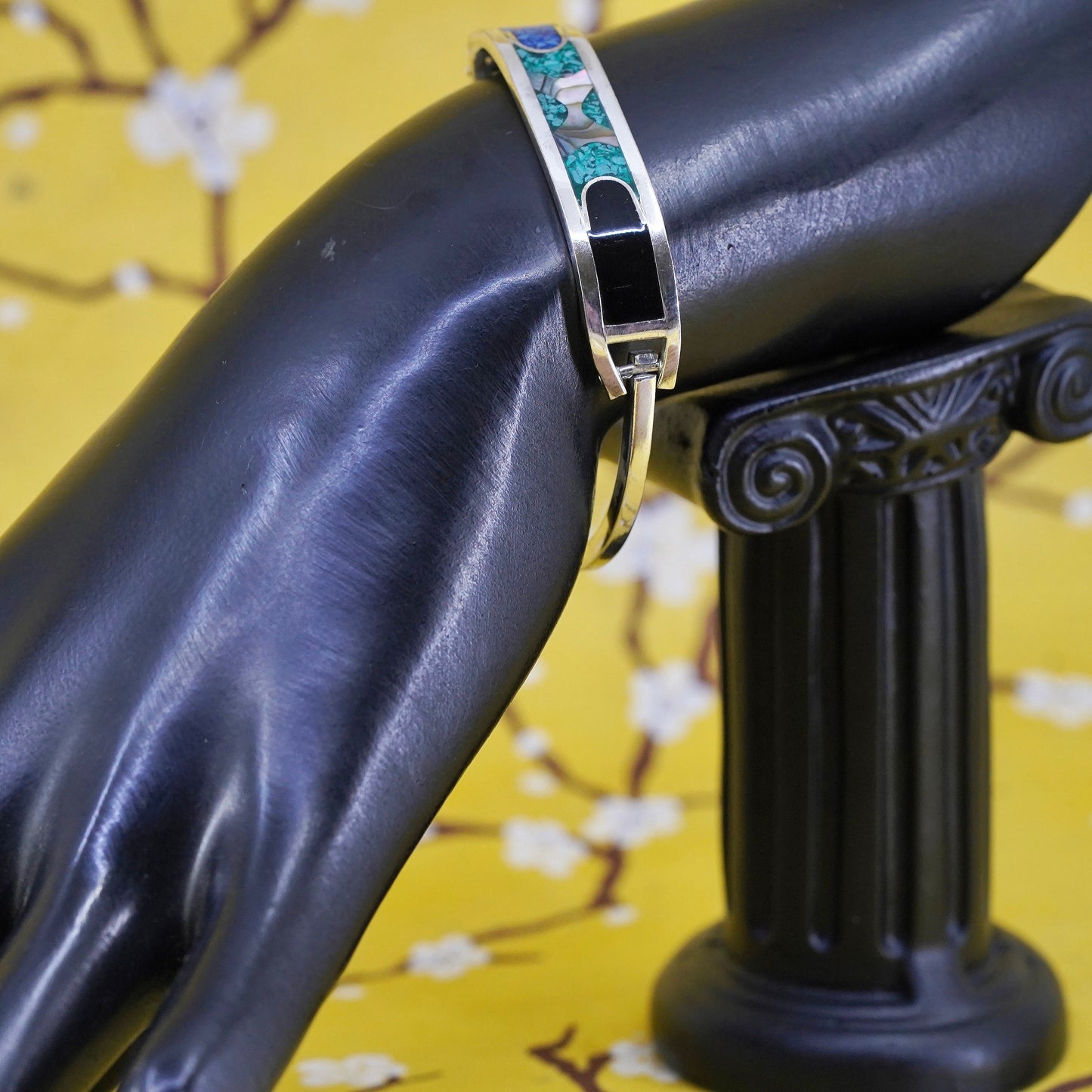 6.5”, Sterling 925 silver handmade bracelet, Mexico hinged bangle w/ turquoise