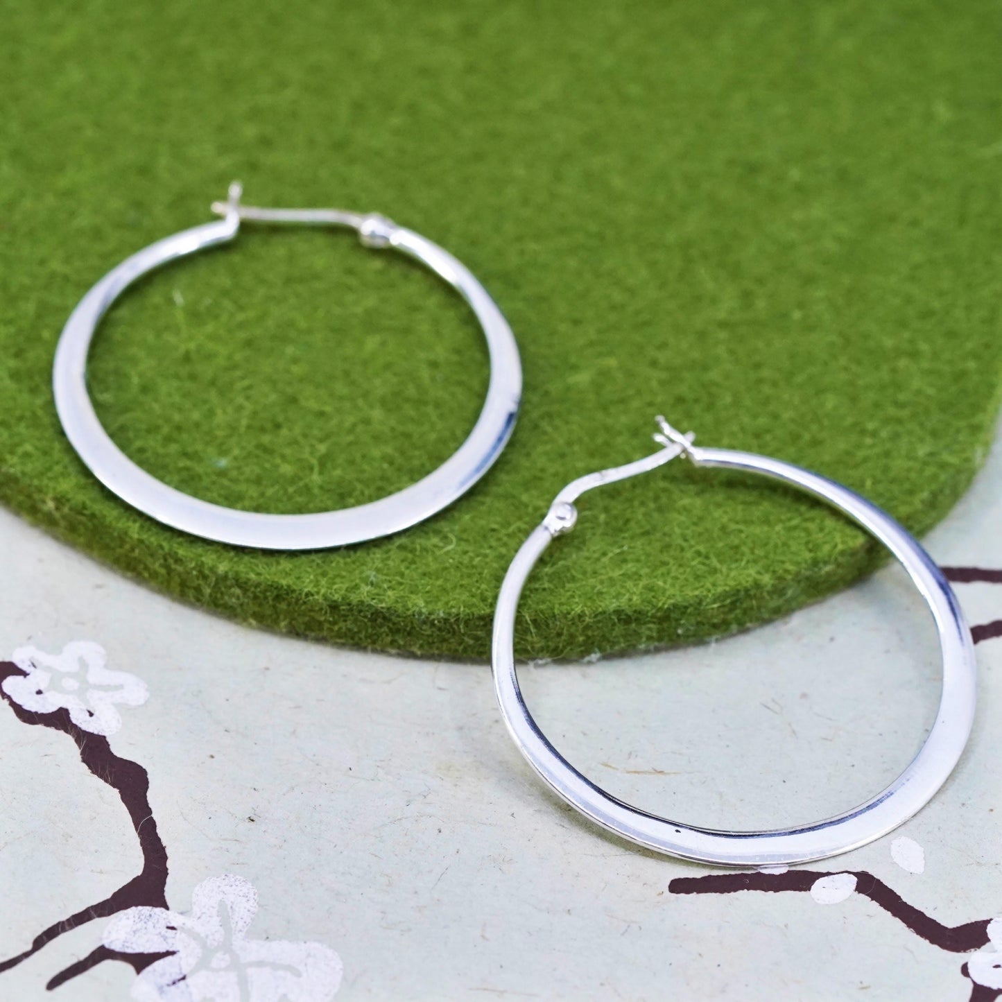 1.75", VTG sterling silver loop earrings, flatten minimalist primitive hoops