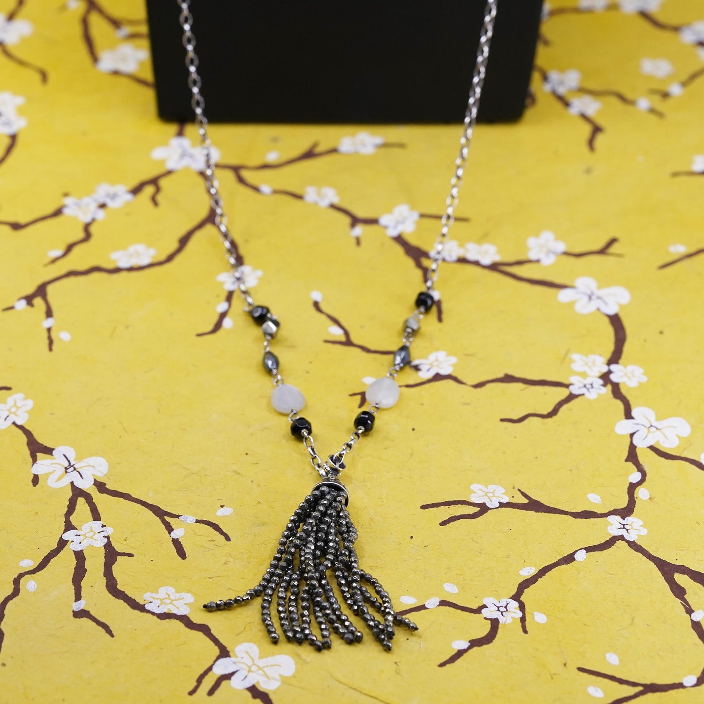 30”, Silpada Sterling Silver 925 oval necklace hematite bead frindge pendant