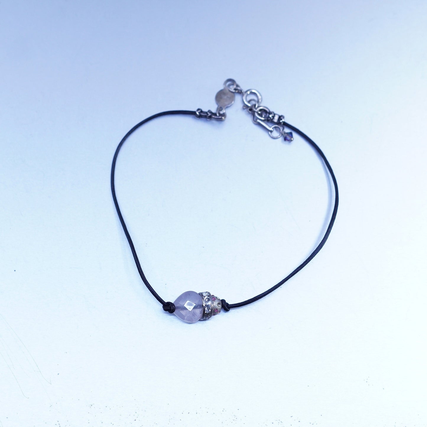 10”, Sterling 925 silver bracelet, leather anklet with healing crystal