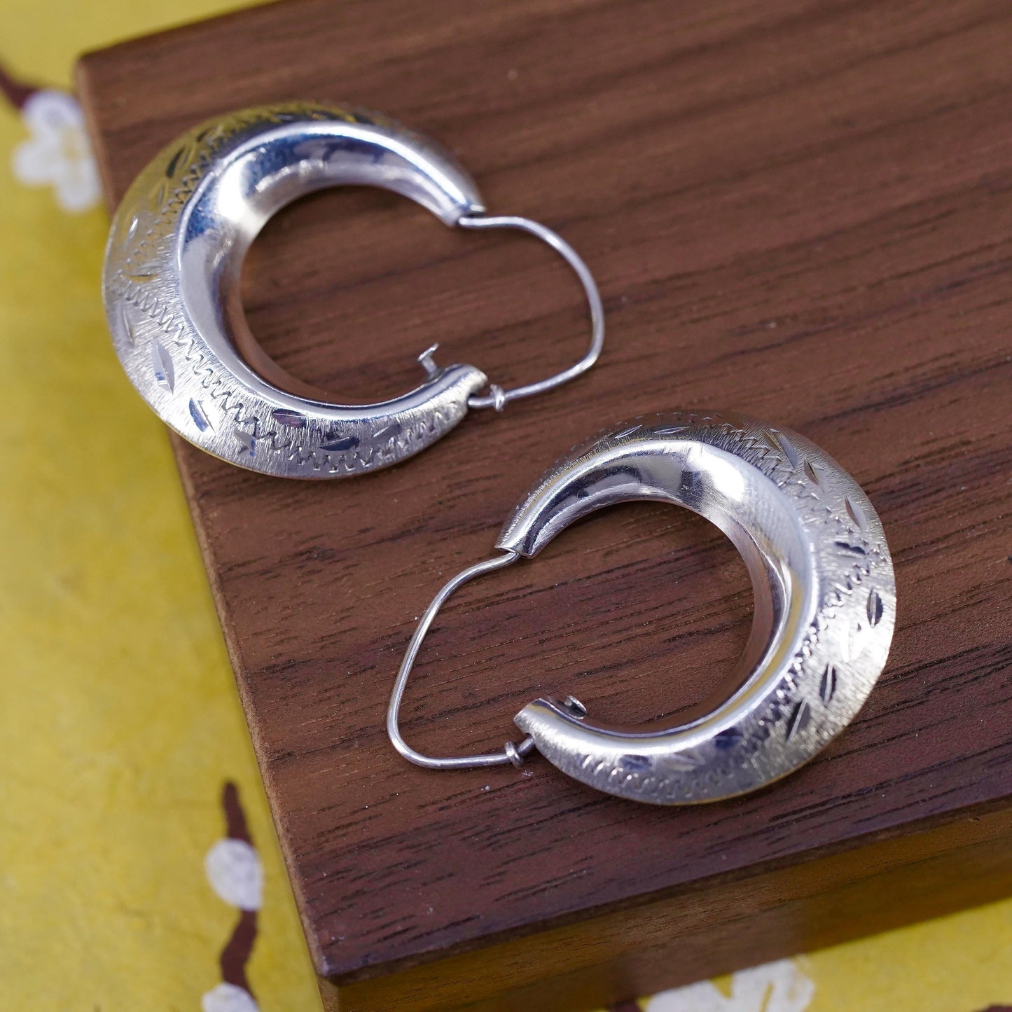 1.25", Vintage Sterling silver handmade hoop earrings, 925 textured edgy huggie