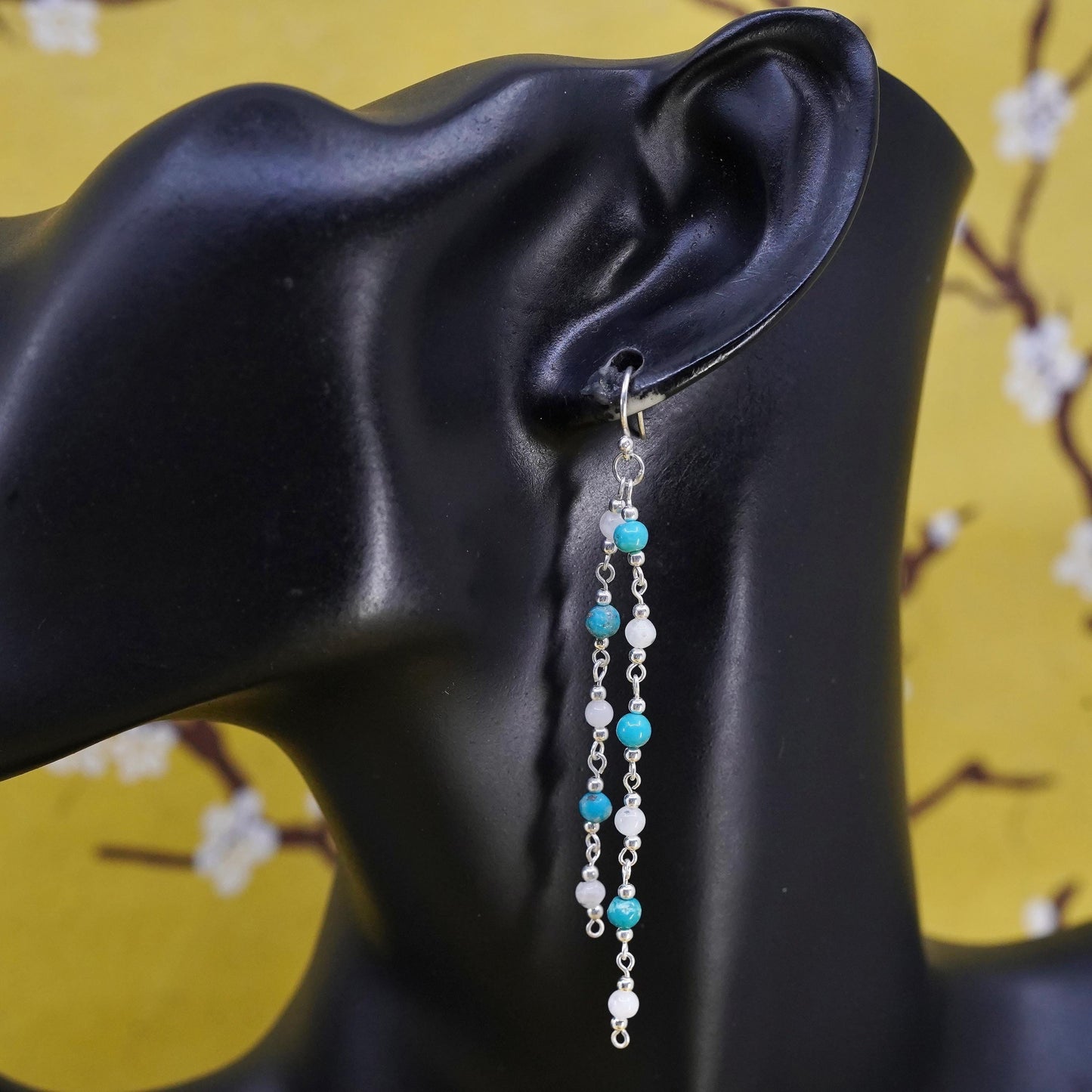 Vintage Sterling 925 silver handmade long earrings w/ turquoise moonstone bead