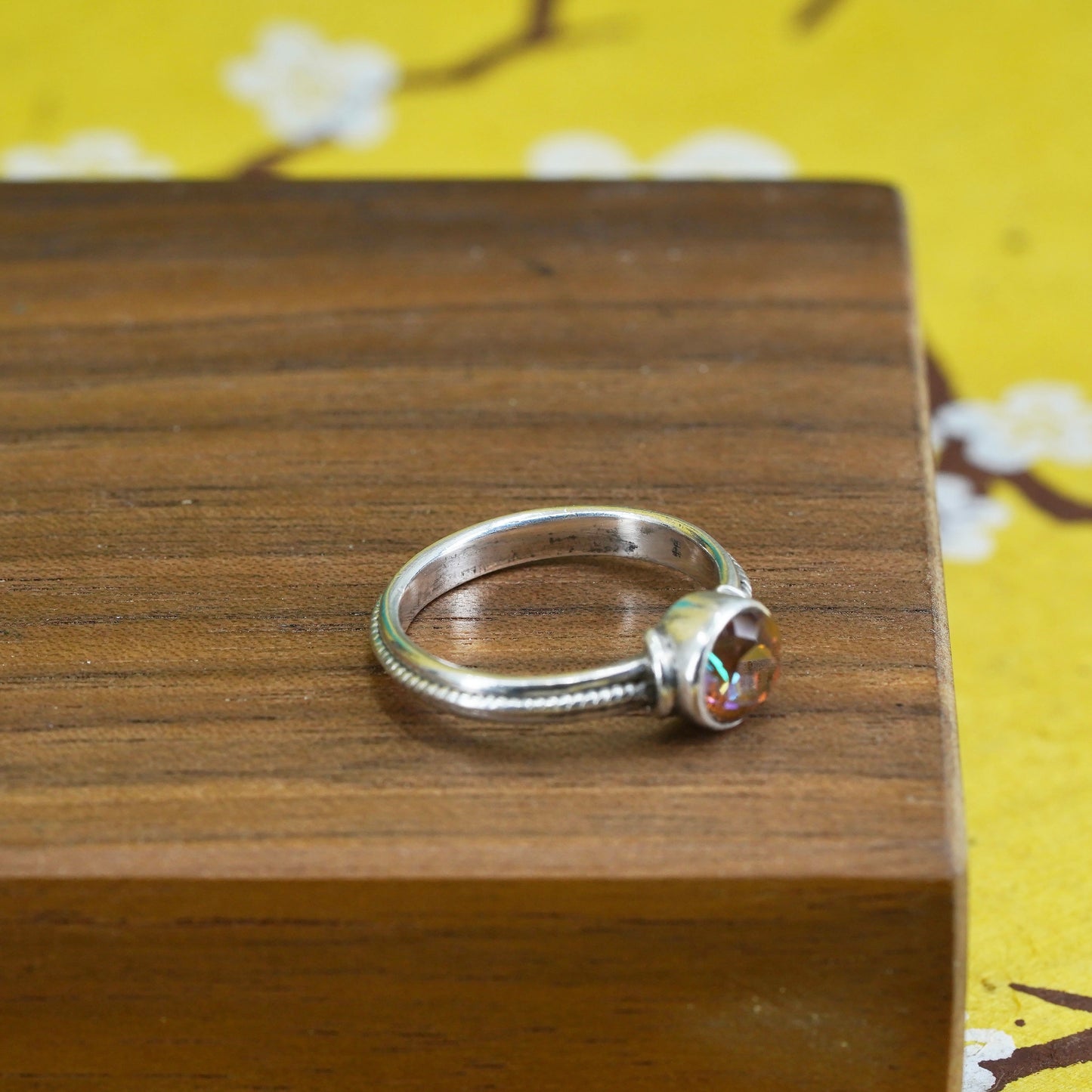 Size 6.25, vintage Sterling 925 silver handmade stackable ring w/ pink crystal