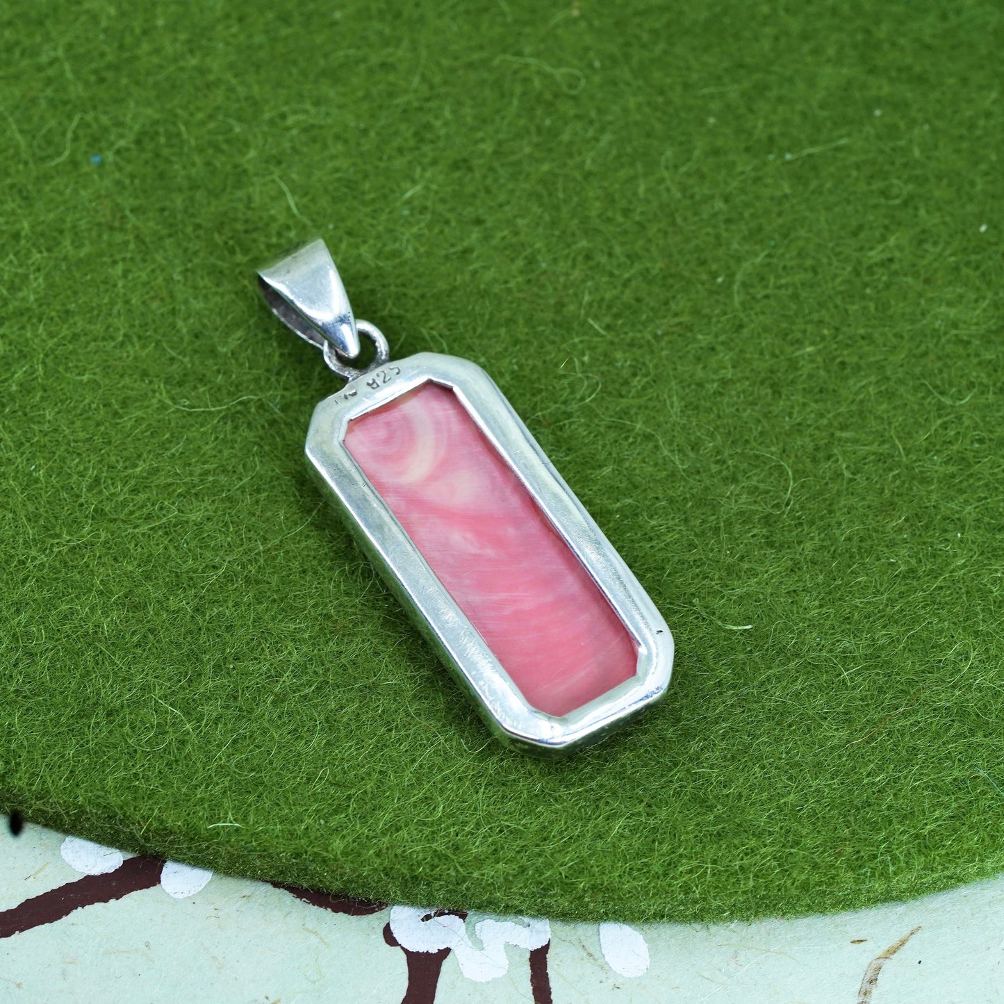 Vintage sterling silver handmade pendant, 925 rectangular charm w/ pink enamel