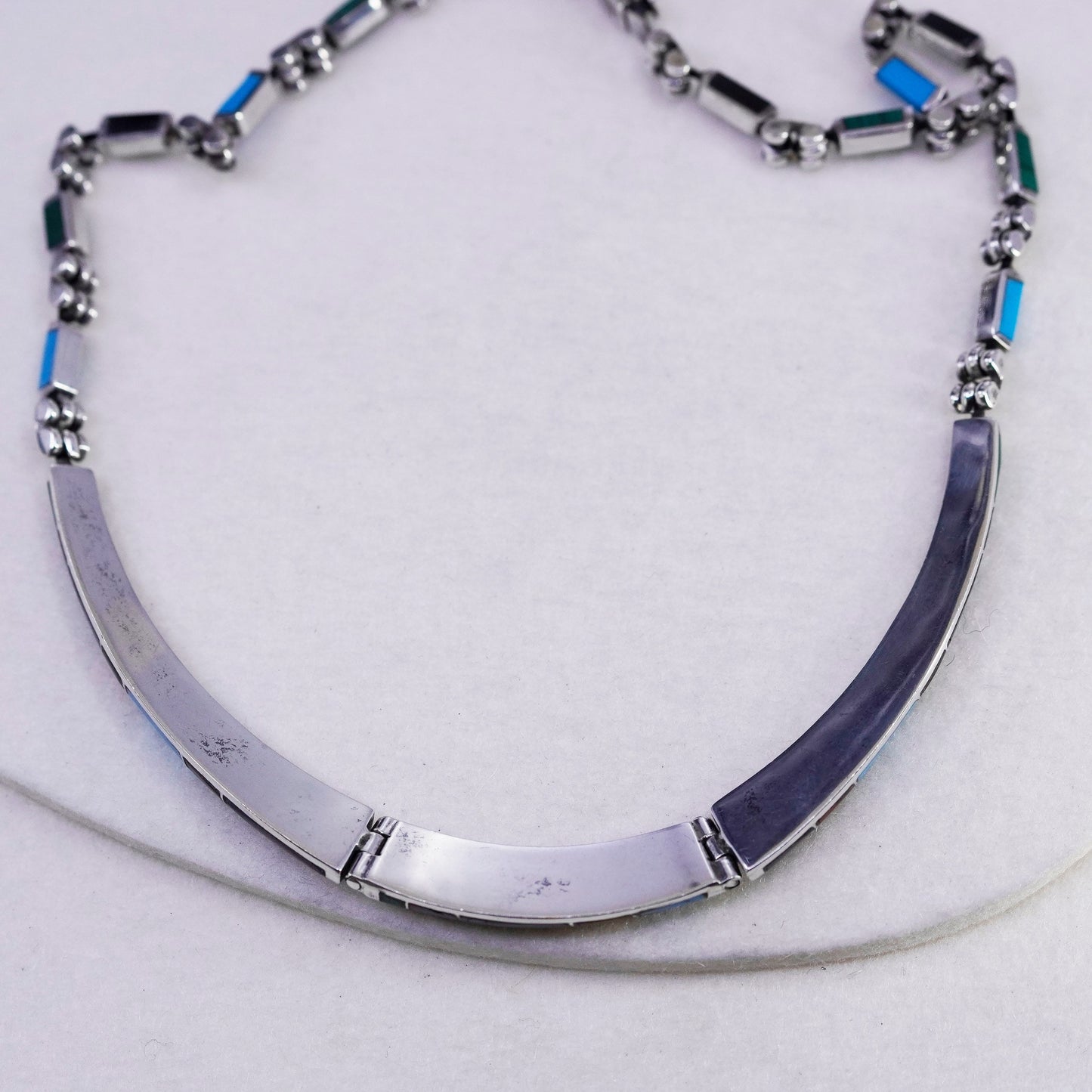 17”, Sterling 925 silver zuni choker collar necklace turquoise jasper obsidian