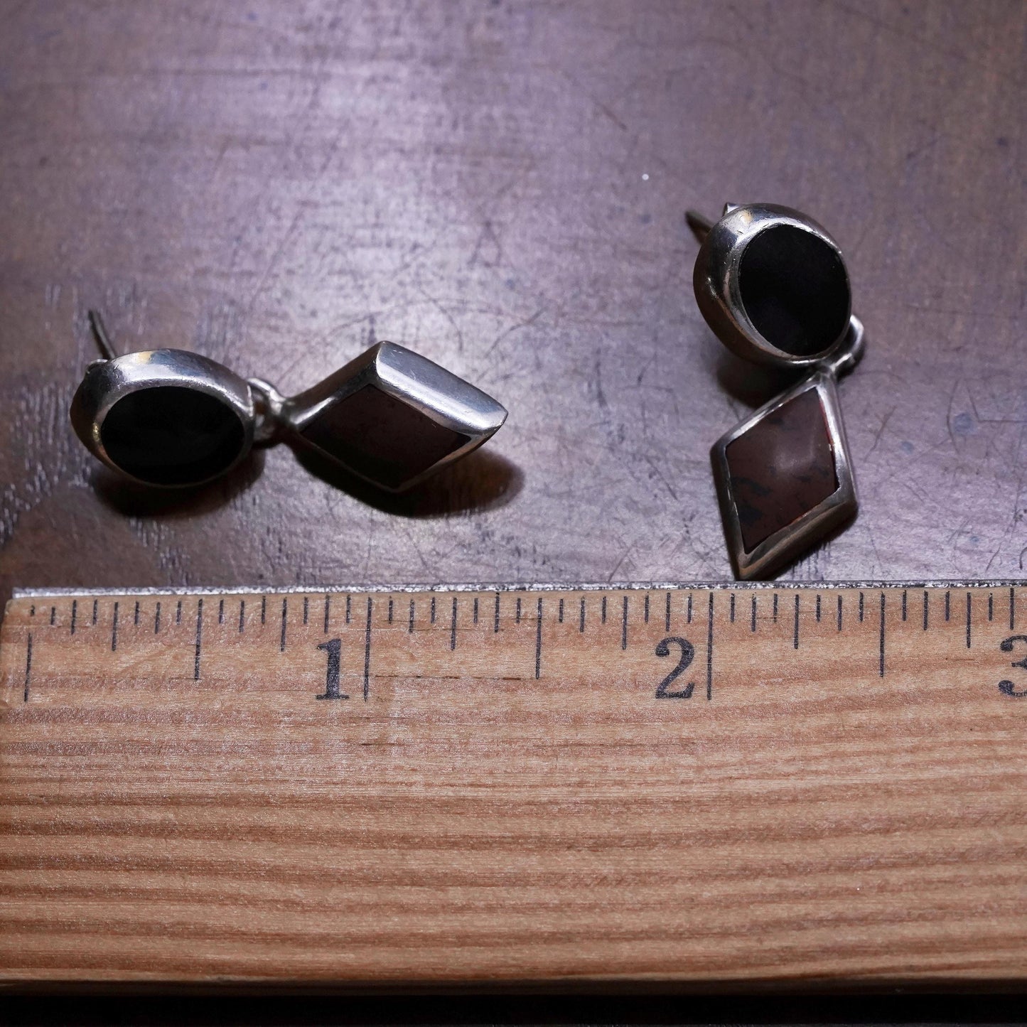 Vintage Mexican Sterling 925 silver handmade earrings with oval onyx and Jasper
