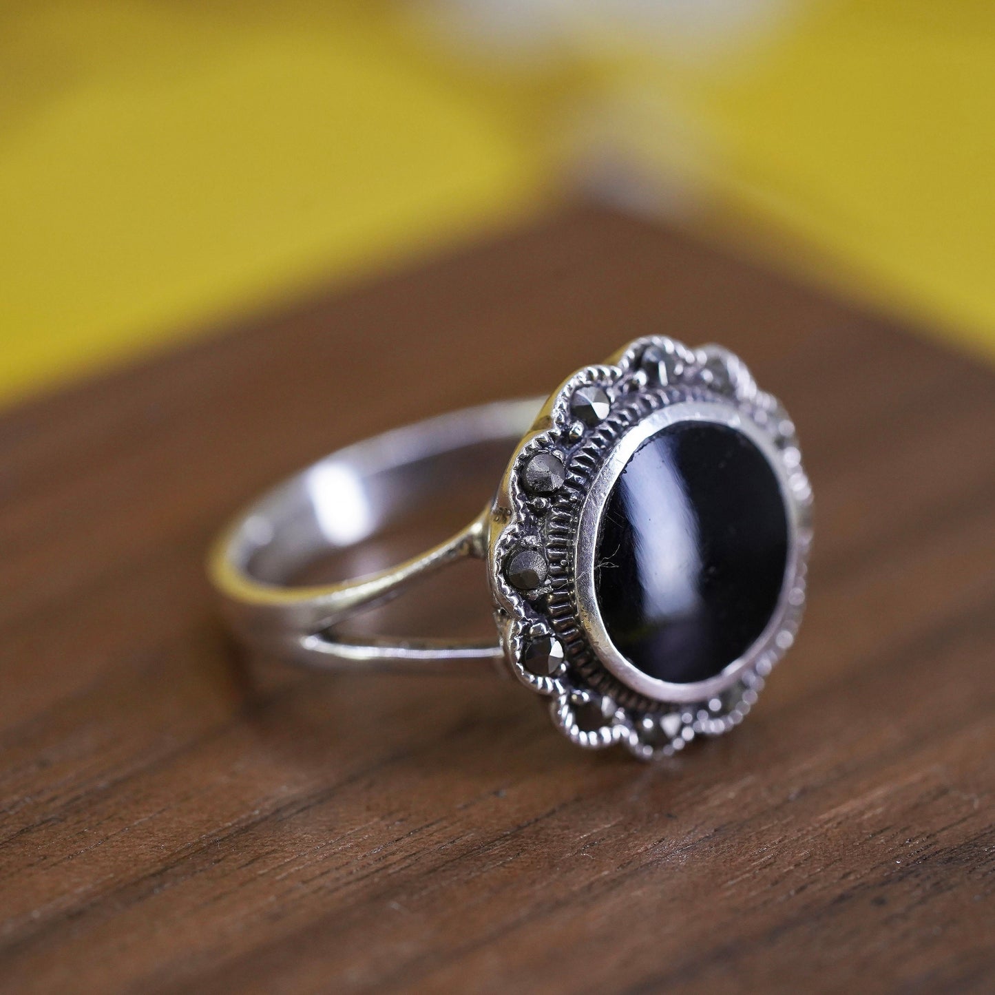 Size 9.25, Sterling 925 silver handmade ring with black onyx and marcasite