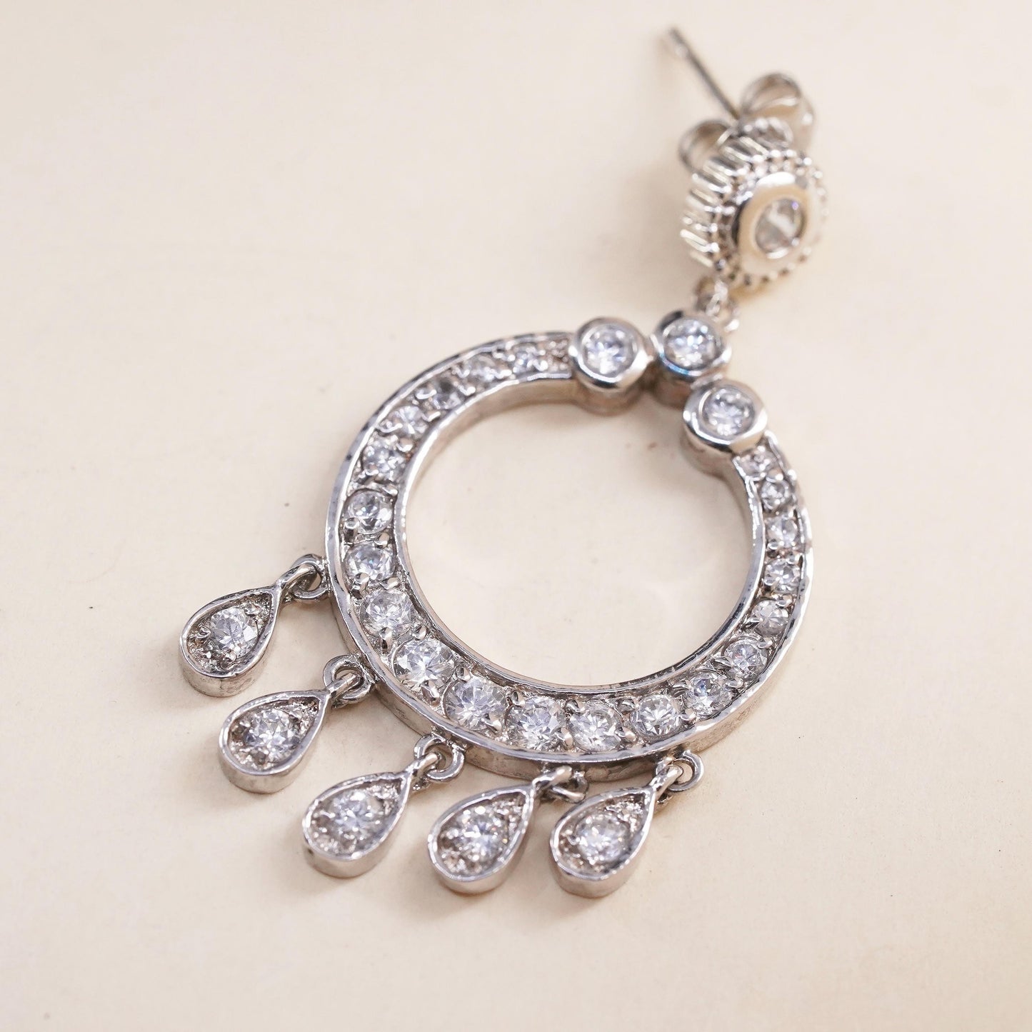 Vintage sterling silver single earring, 925 silver circle dangle with clear Cz