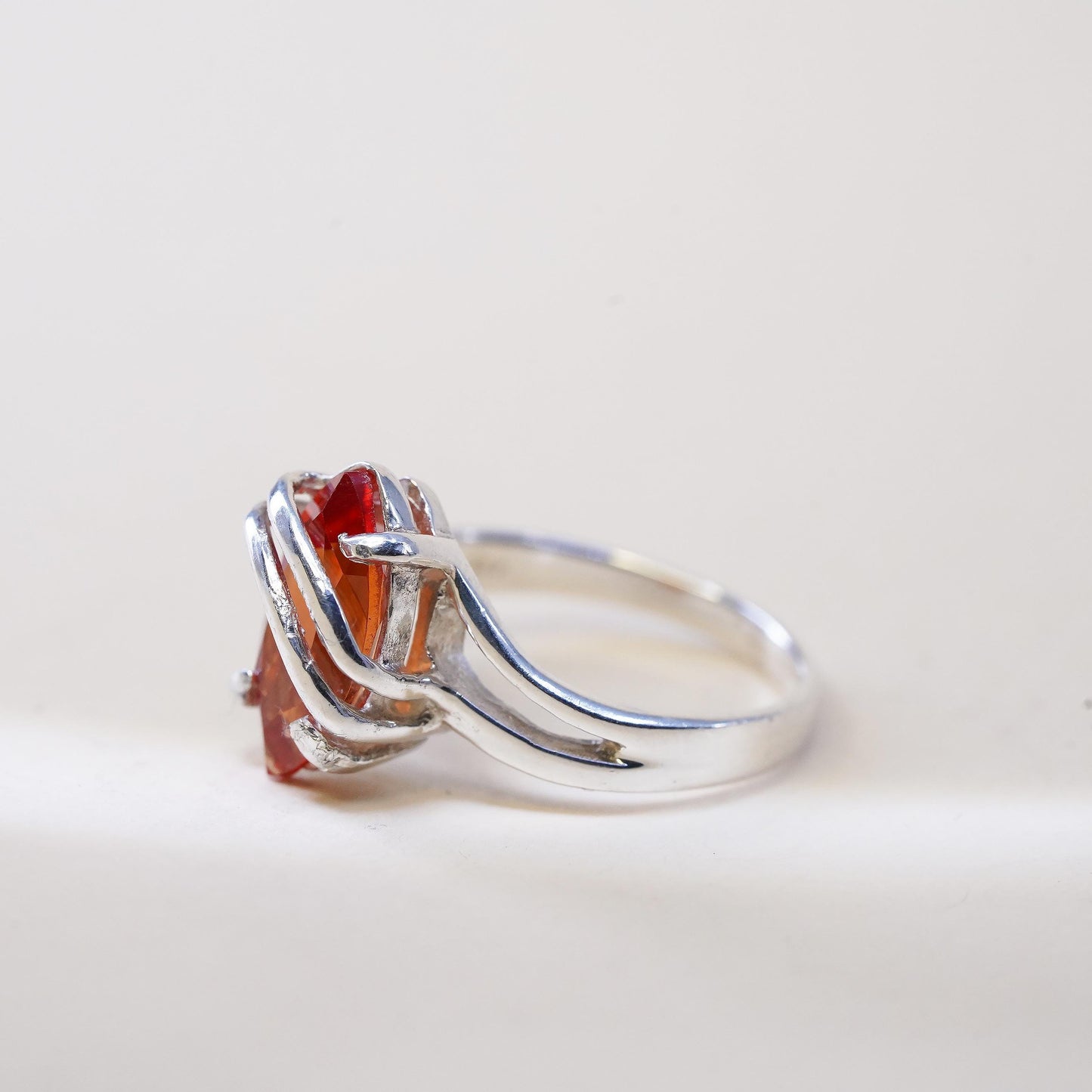 Size 5.75, VTG Sterling silver ring, ring, 925 silver Marquise orange crystal