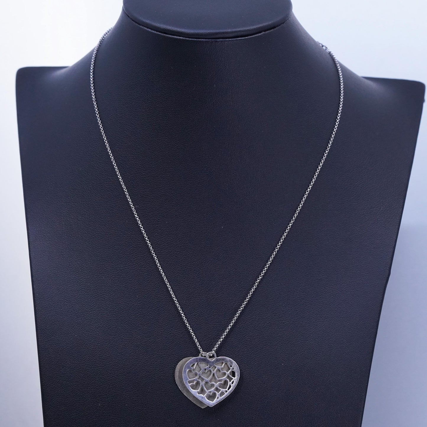 14+2”, vintage two tone Sterling 925 silver circle necklace with heart pendants