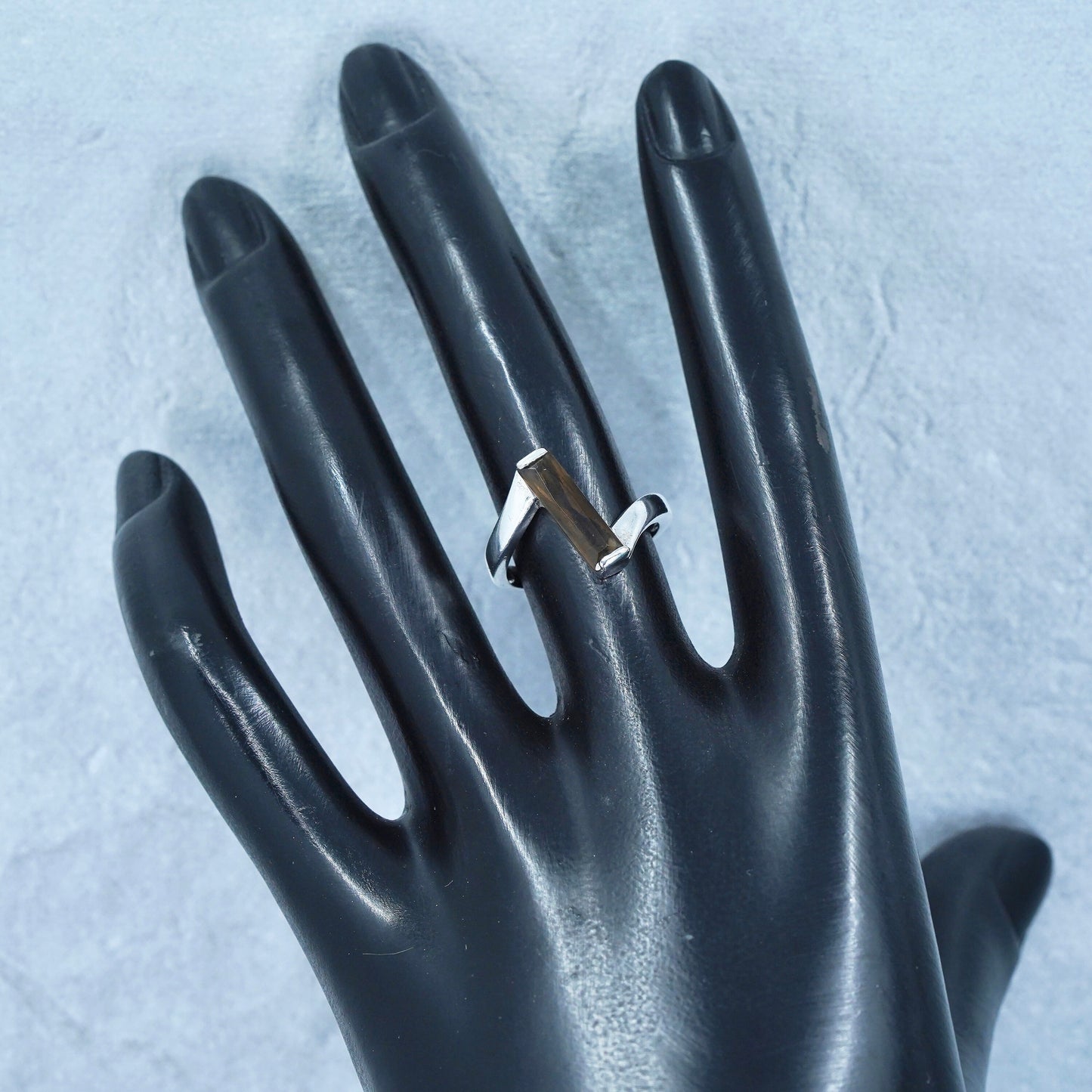 Size 6, vintage Sterling 925 silver handmade long ring with smoky quartz