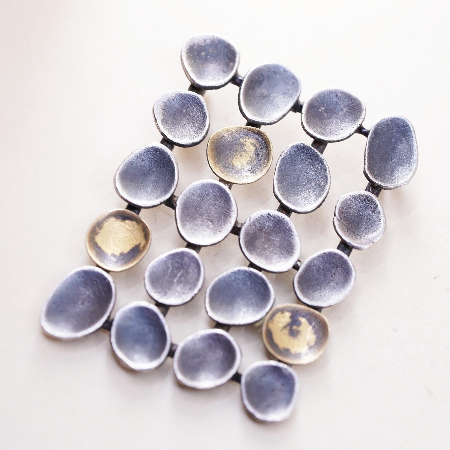 two tone sterling silver pendant, fine 925 pebble discs 14K yellow gold accent