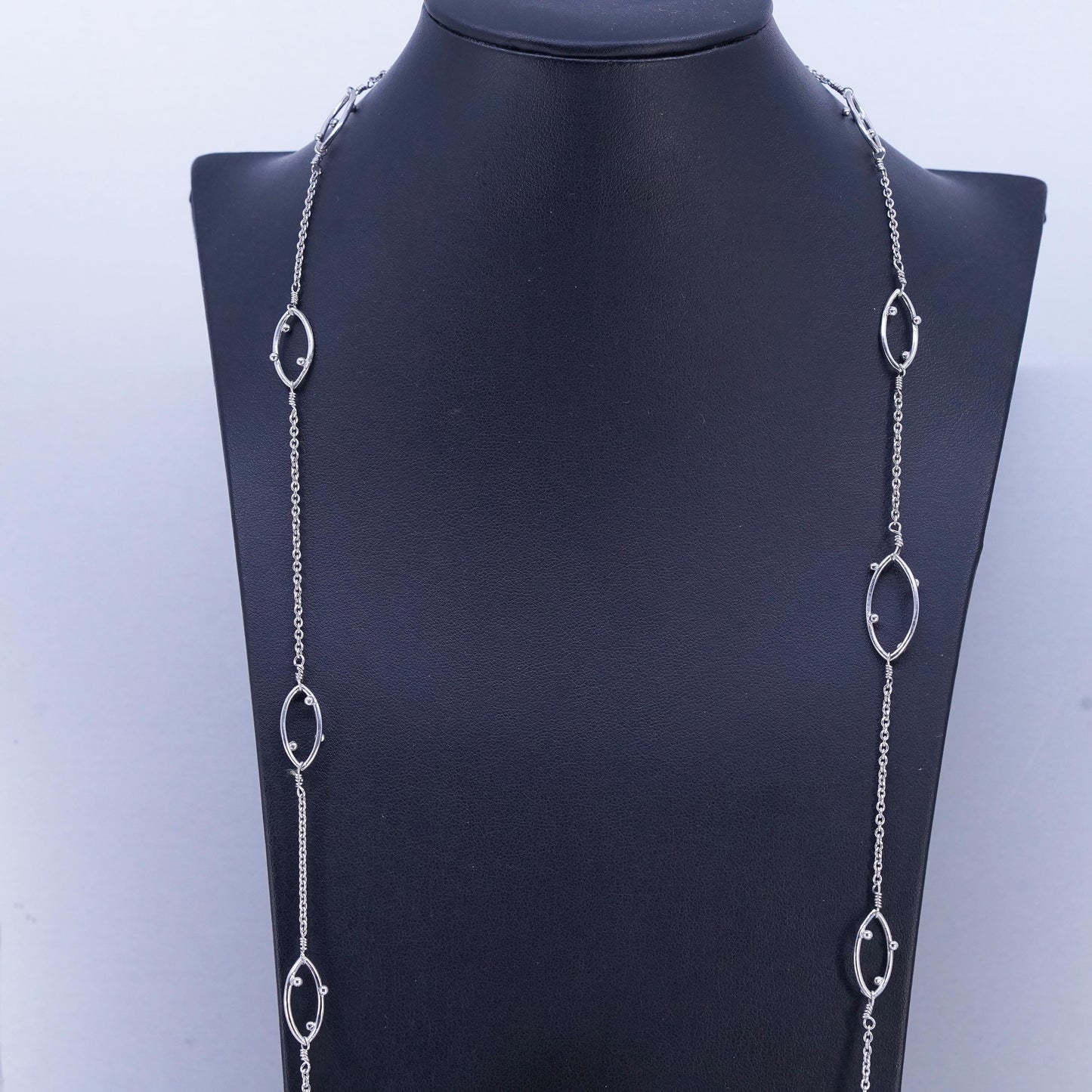 36+2", vintage Sterling 925 silver extra long circle necklace marquise beaded