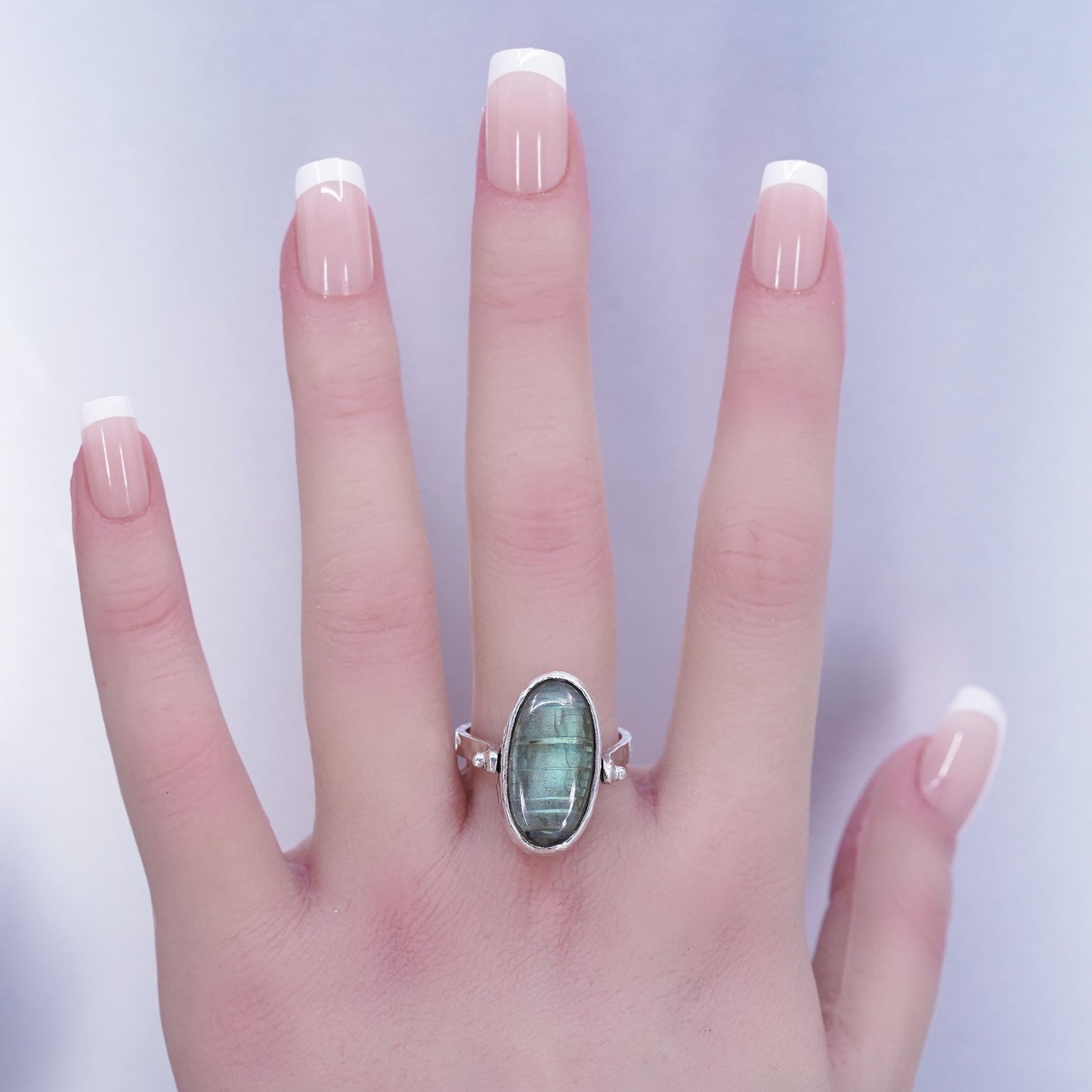 Size 7.5, Sterling 925 silver ring, double sided band with larimar labradorite