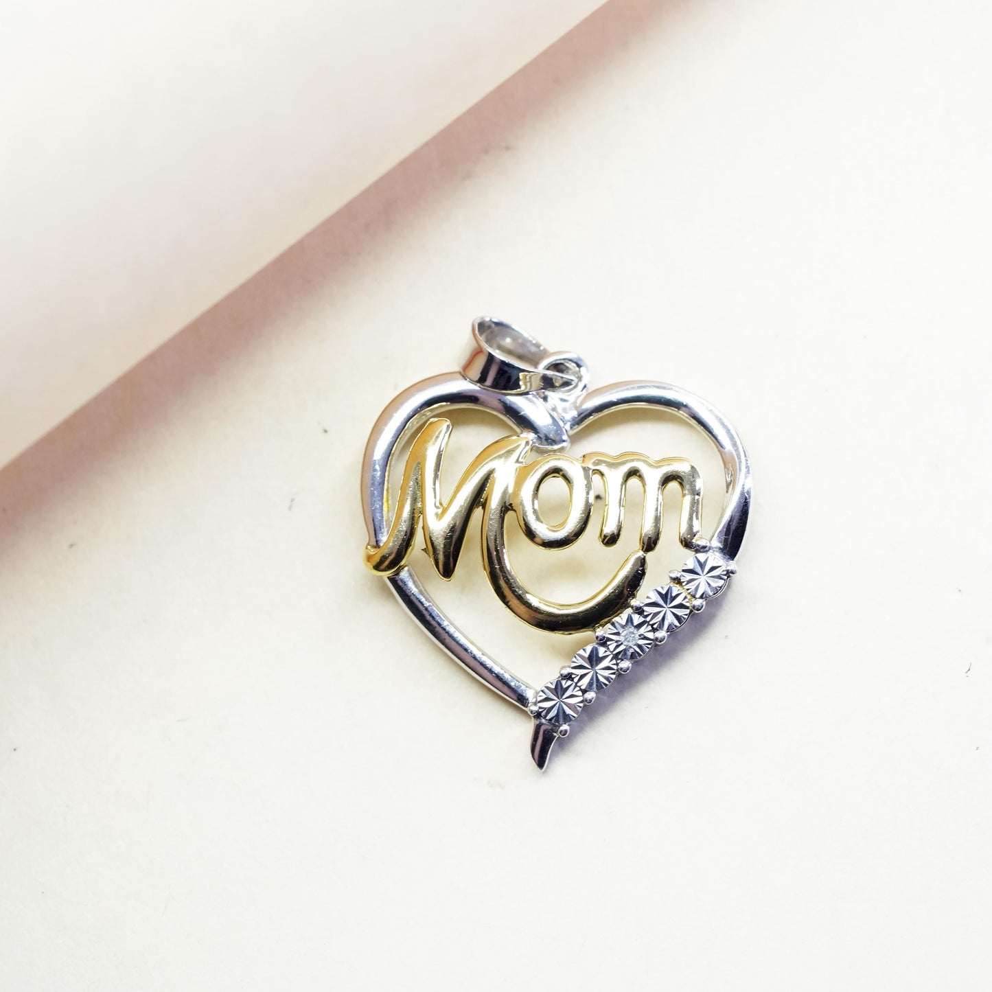 Vintage two tone Sterling 925 silver heart pendant with Mom diamond detailing