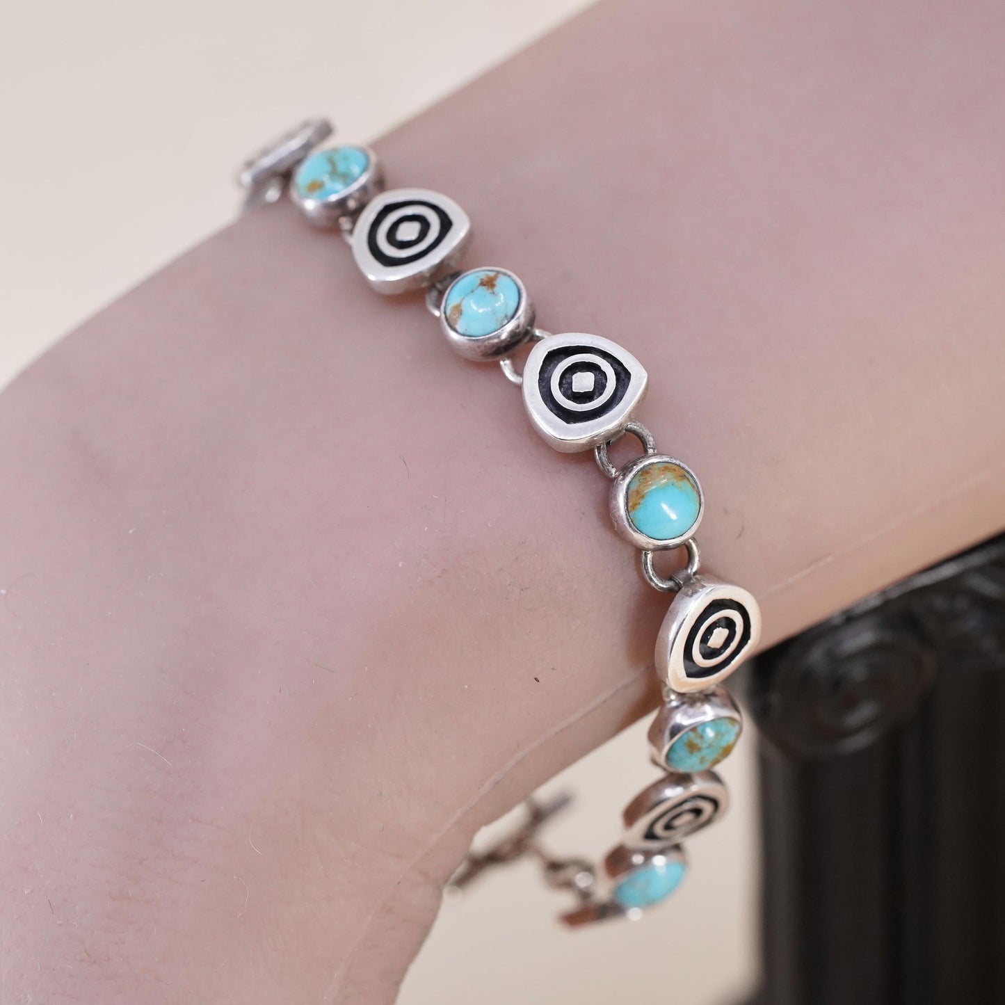 6.75”, southwestern Sterling 925 silver bracelet w/ turquoise beads and spiral
