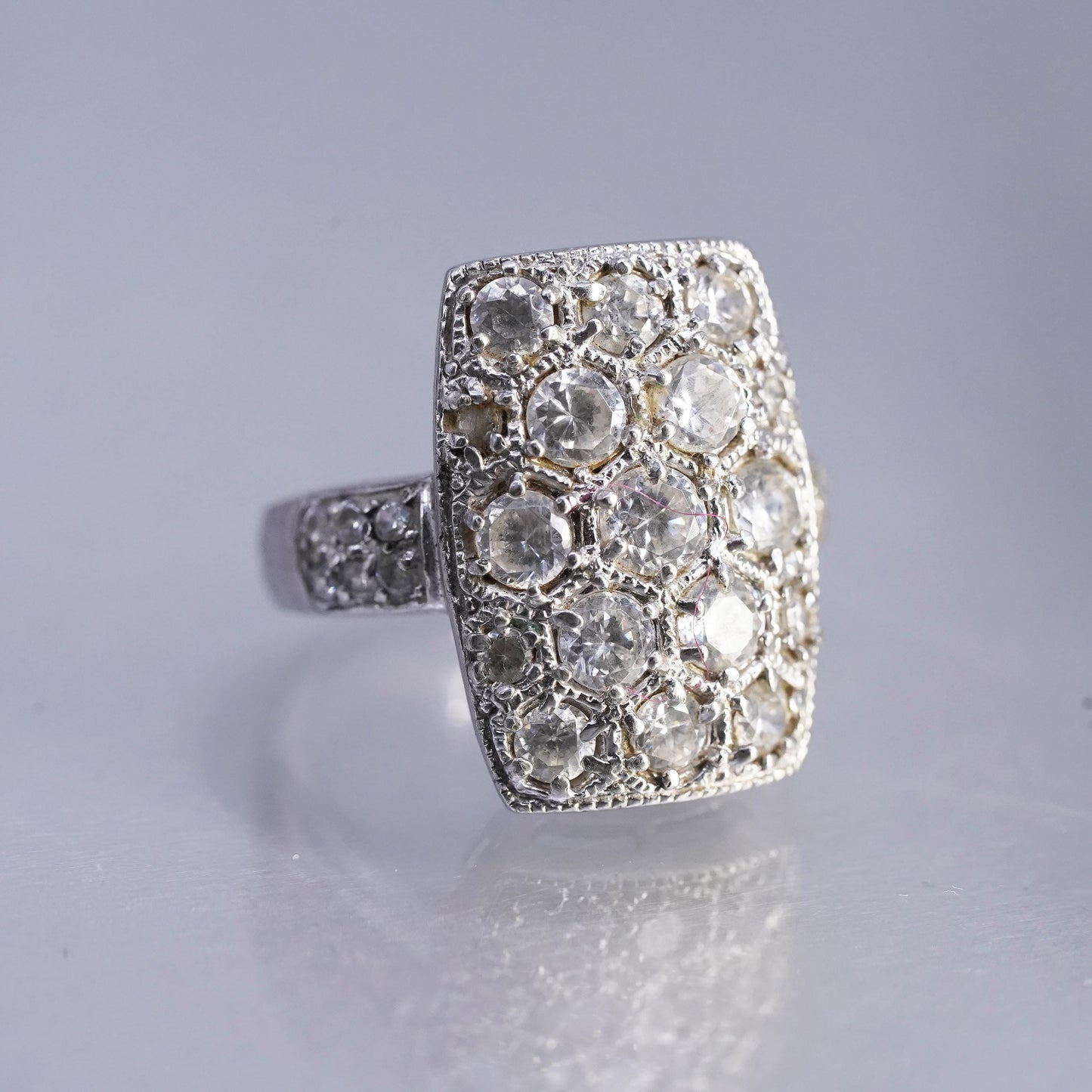 Size 6, vintage Sterling 925 silver handmade wide band ring with cluster Cz