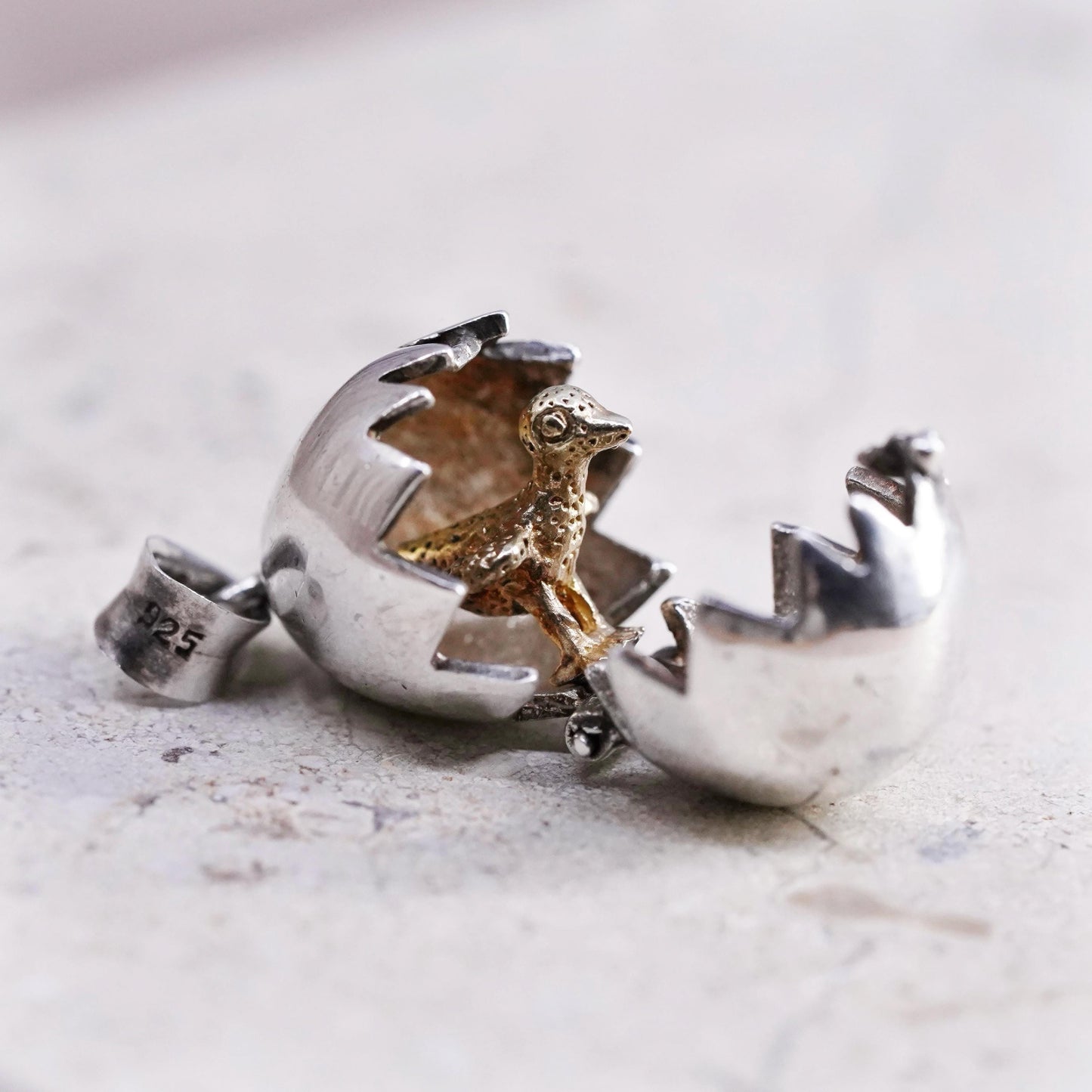 Vintage sterling silver heart charm, 925 silver golden chick egg charm pendant