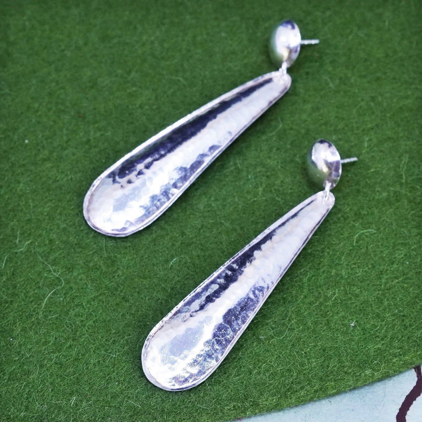 Vintage modern sterling silver handmade earrings, hammered 925 teardrop dangles
