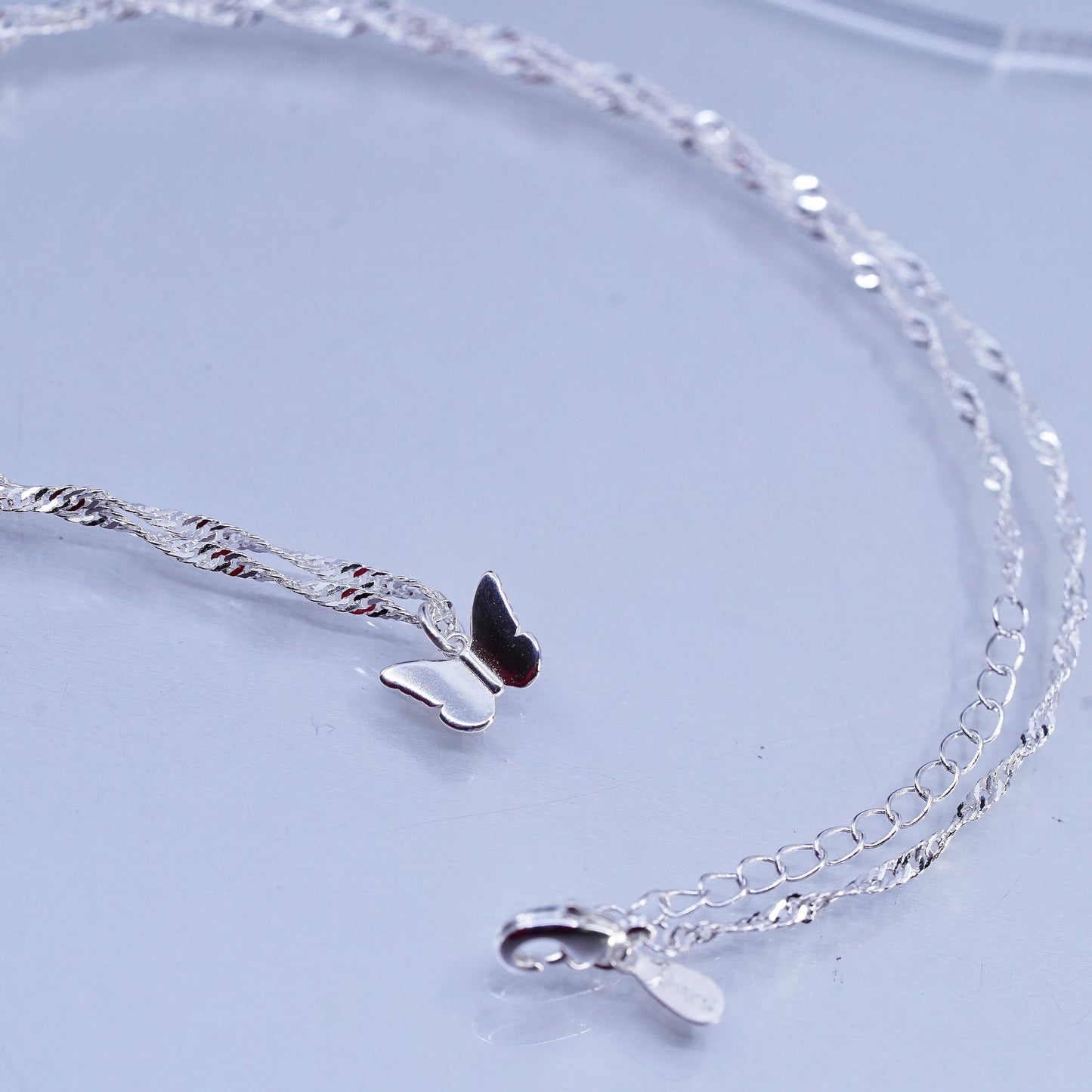 16+1.5” Sterling 925 silver twisted curb chain necklace with butterfly pendant