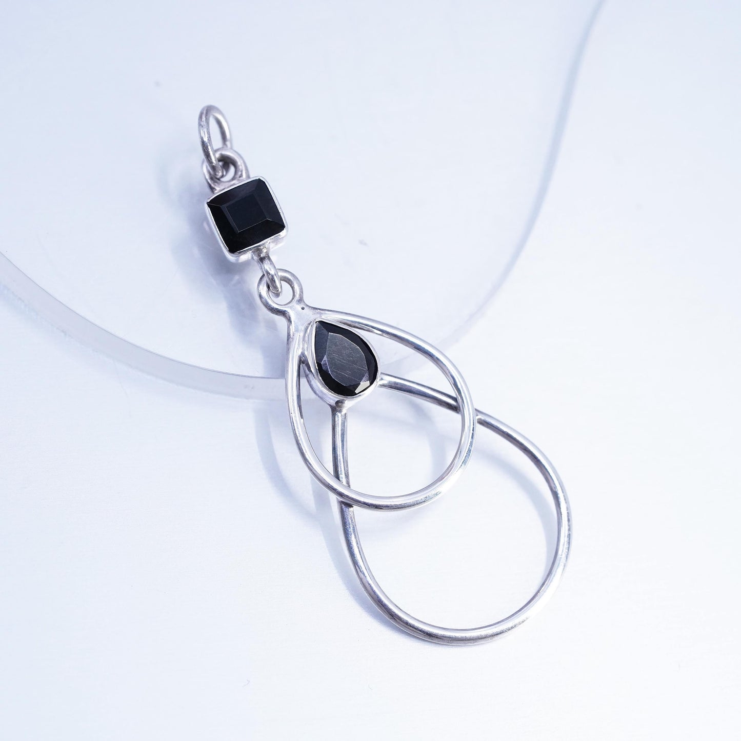Vintage Sterling silver handmade charm, 925 teardrop pendant with onyx inlay