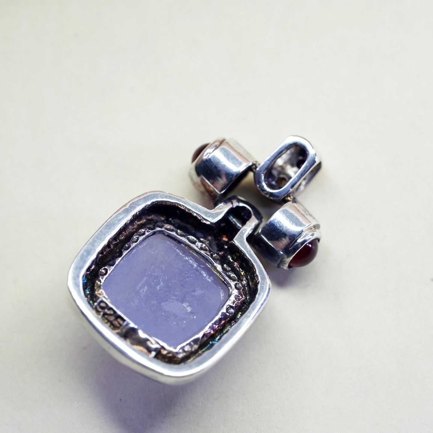 Vintage sterling 925 silver handmade square pendant with purple jade