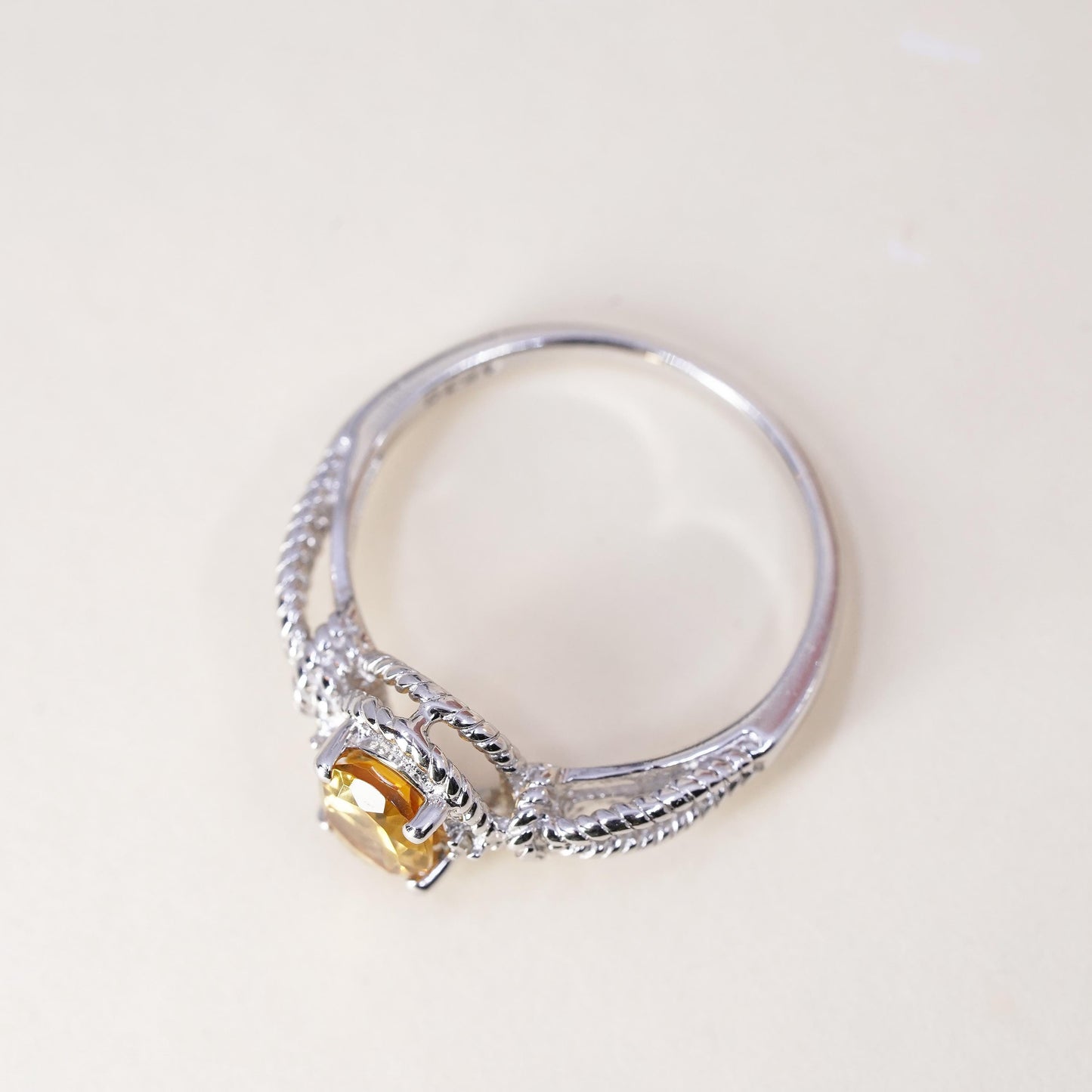 Size 10, vintage Sterling silver ring, 925 silver cable band with oval citrine