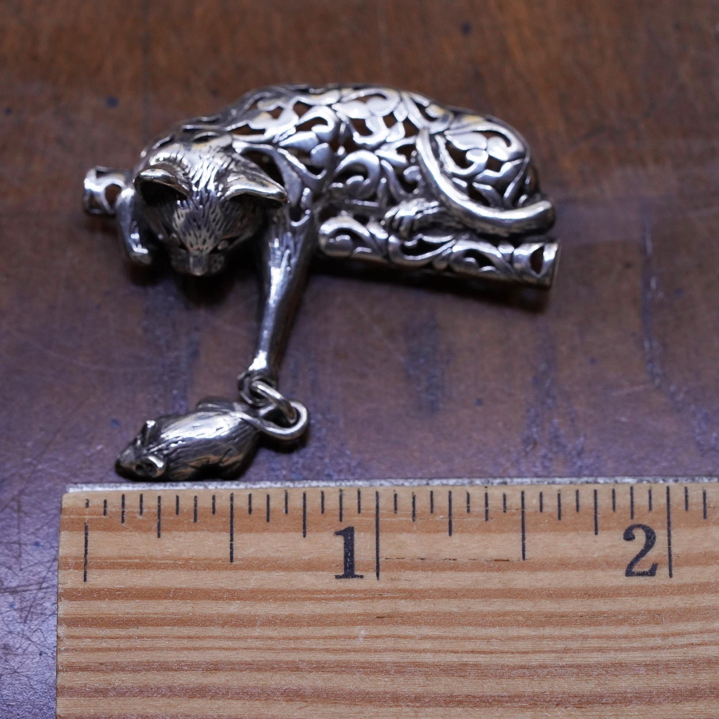 Vintage Jezlaine filigree 925 Cat Pin Brooch Sterling Silver mouse charm Dangle