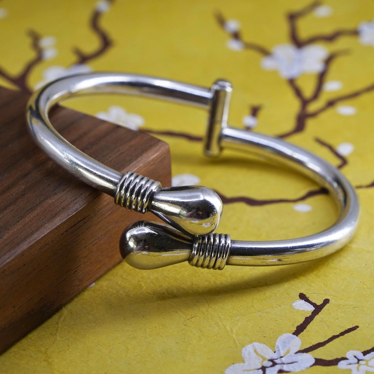 Vintage Sterling silver handmade bracelet, 925 bangle with teardrop ends