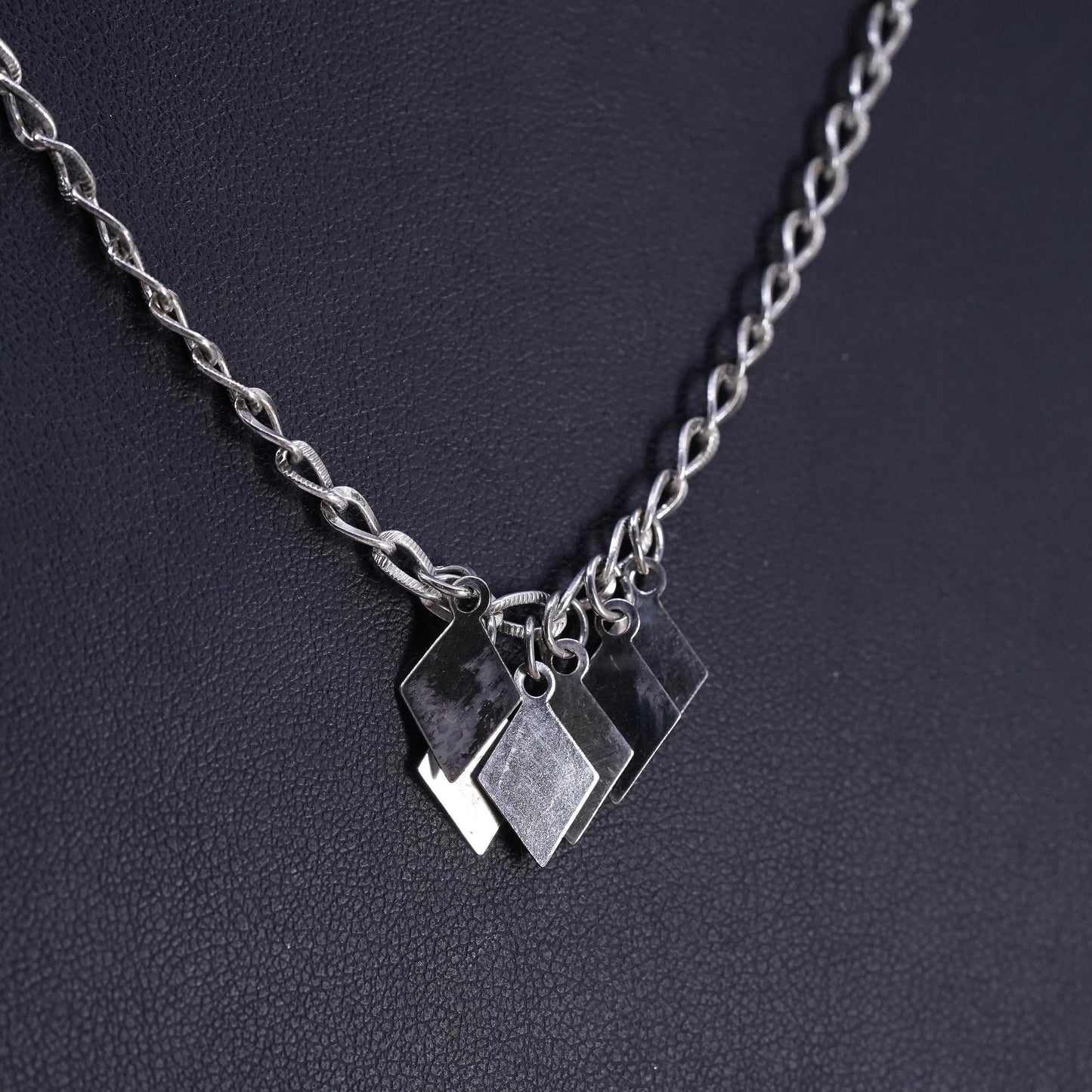 18”, vintage Sterling silver necklace, textured 925 curb chain diamond dangles