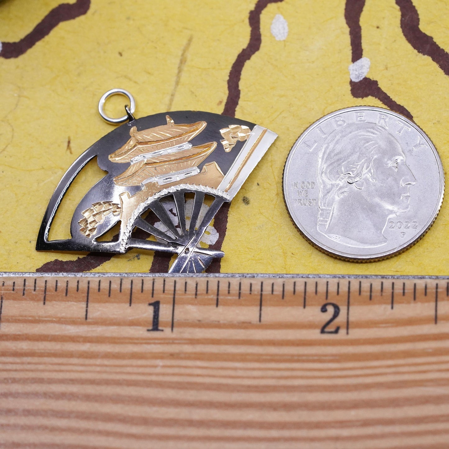 Japanese Fan Pendant Gold & Sterling 925 Silver, Traditional Landscape Scene