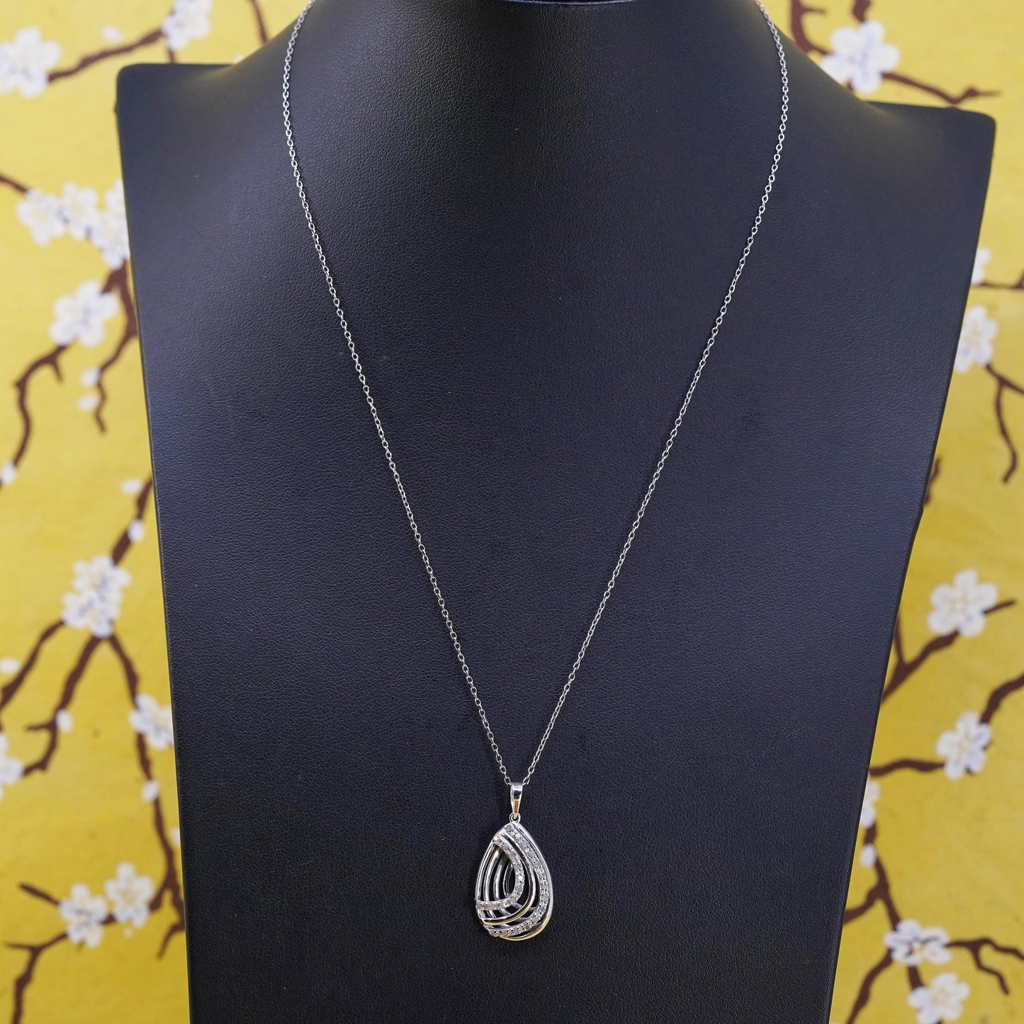 18” Sterling silver necklace, 925 circle chain cluster diamond teardrop pendant