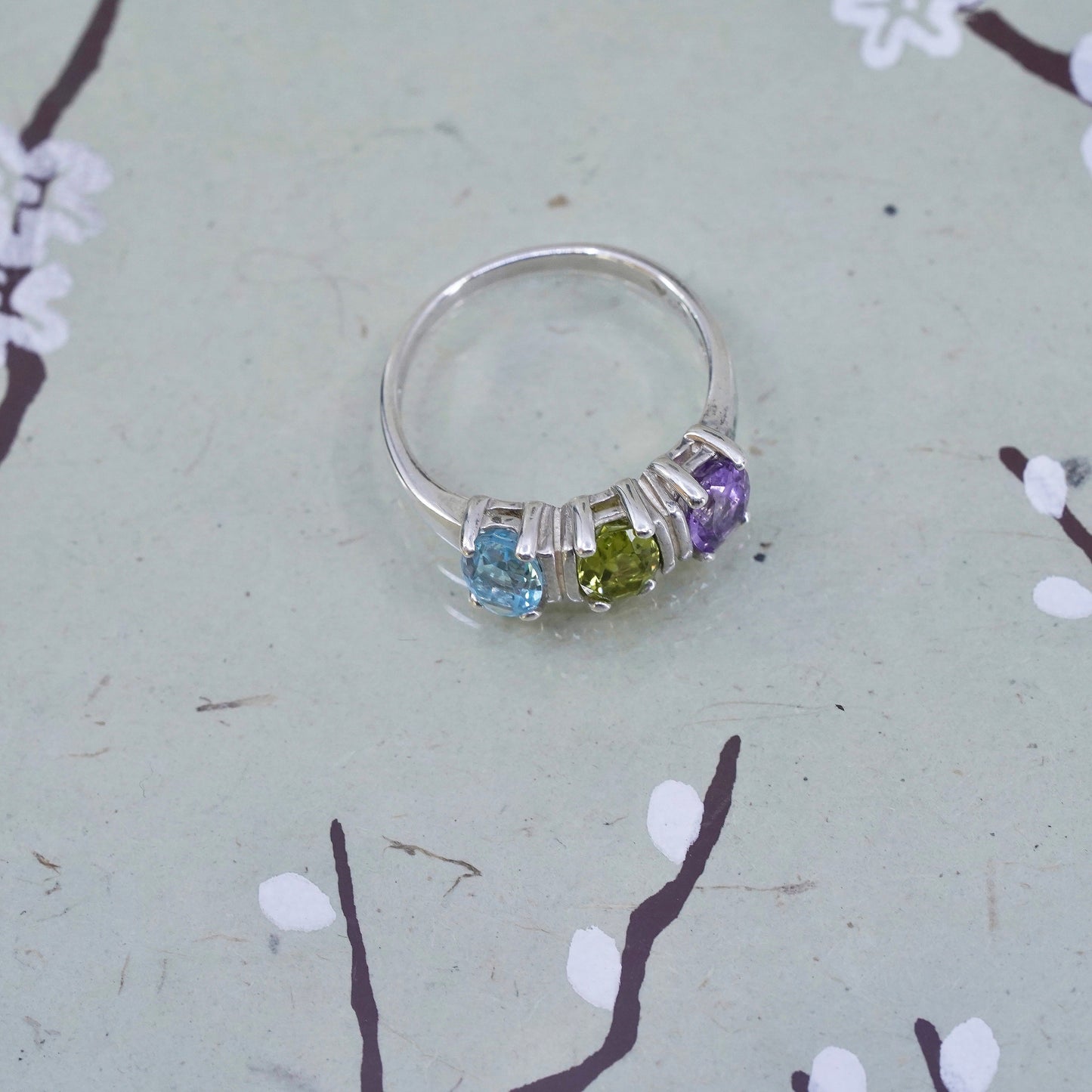 Size 9, vintage sterling 925 silver handmade ring with topaz peridot amethyst