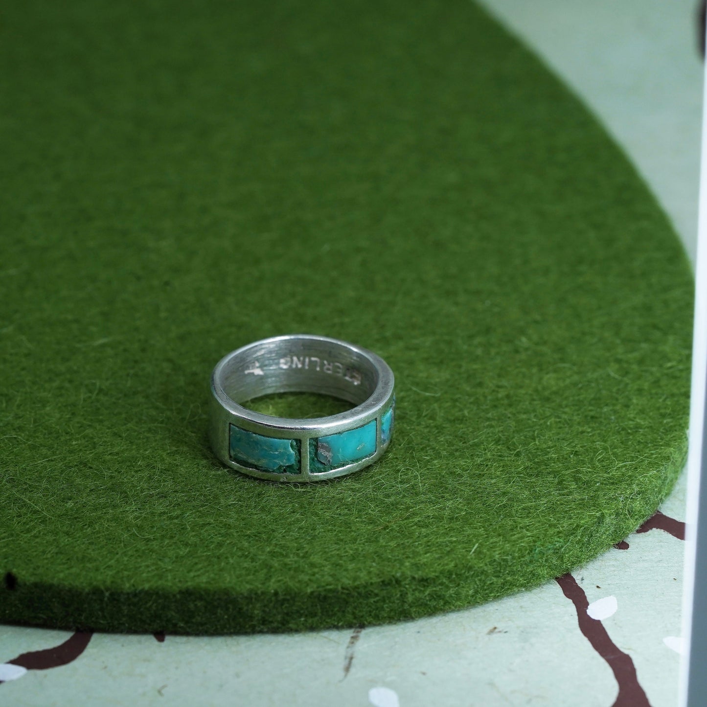 Size 5.25 Native American bell post sterling silver ring, 925 band w/ turquoise