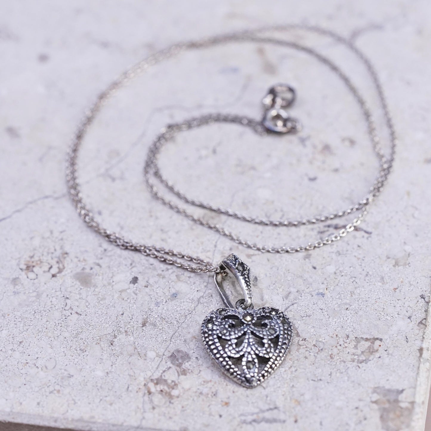 18" Sterling silver handmade necklace, 925 circle chain marcasite heart pendant