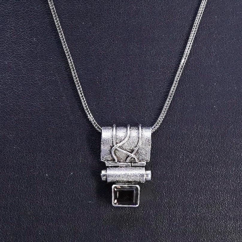 17", Sterling Silver Smoky Quartz Pendant Necklace Modernist Artisan 925 Silver