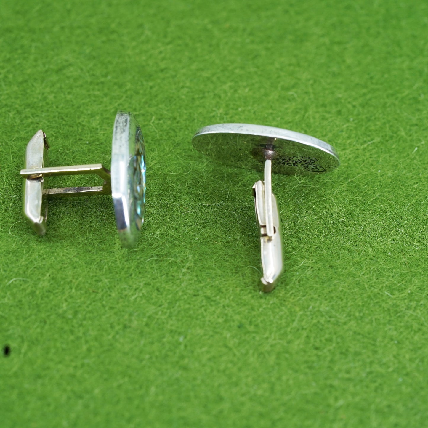 Vintage sterling silver handmade cuff link, 925 oval cufflink w/ abalone inlay