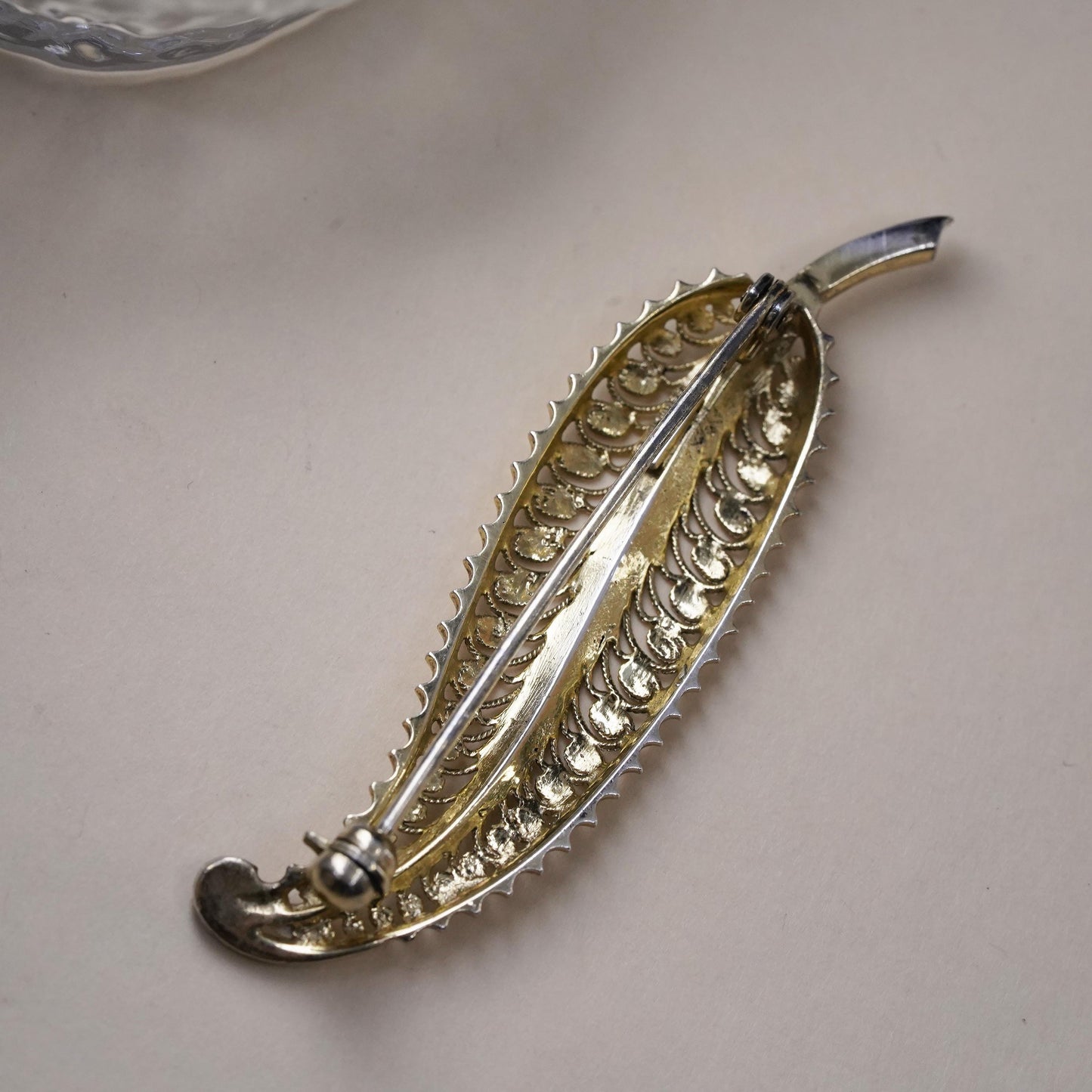 Germany vermeil gold Sterling silver brooch, 925 filigree leaf pin marcasite