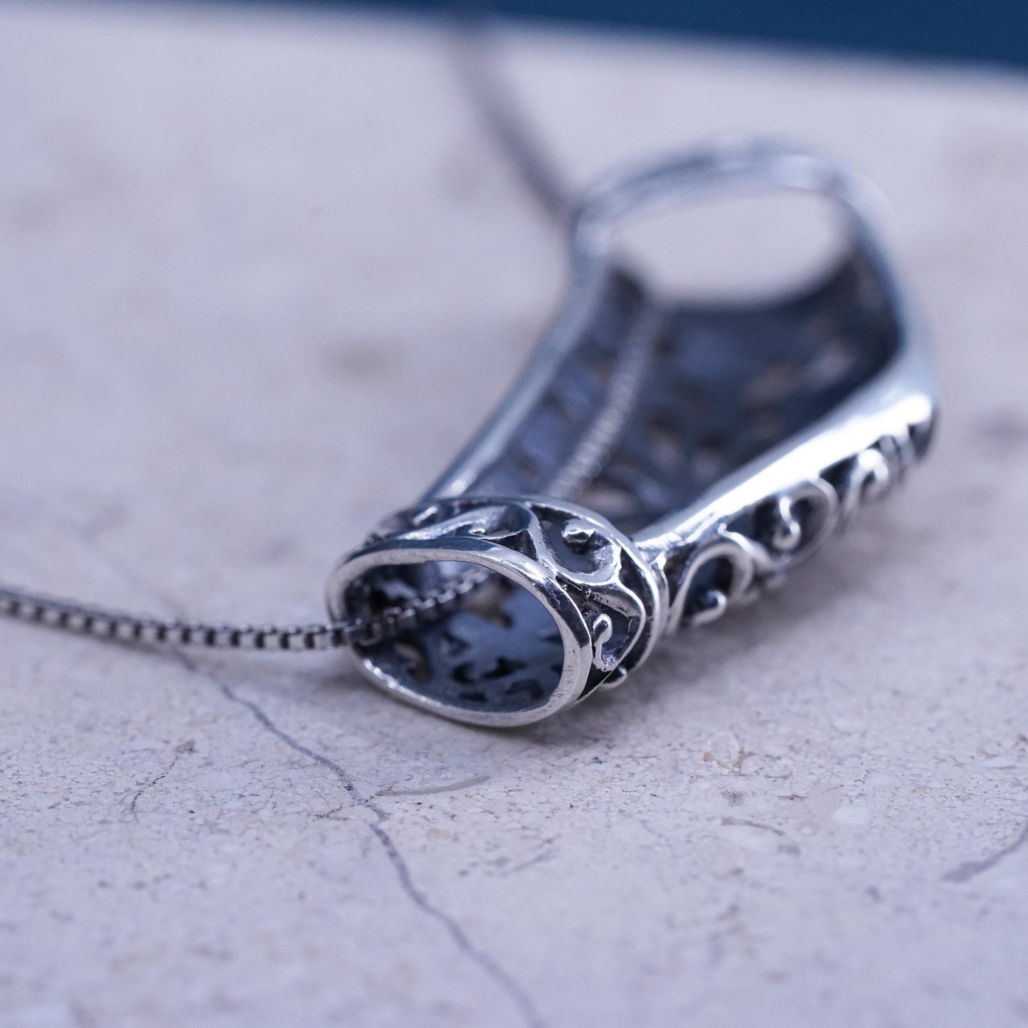 18”, Sterling 925 silver box chain necklace filigree butterfly slide pendant