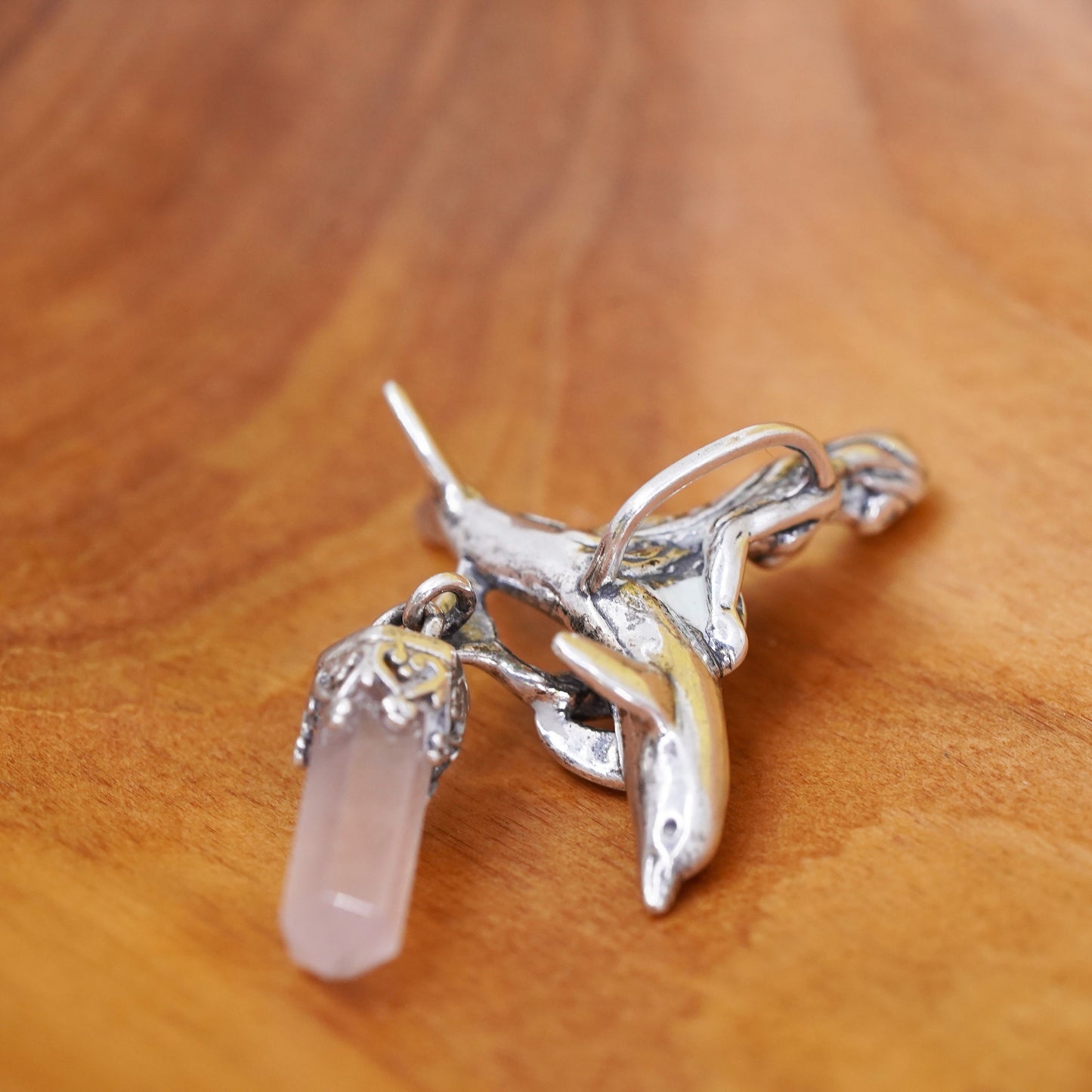 sterling 925 silver healing rose pink quartz crystal pendant mermaid dolphin