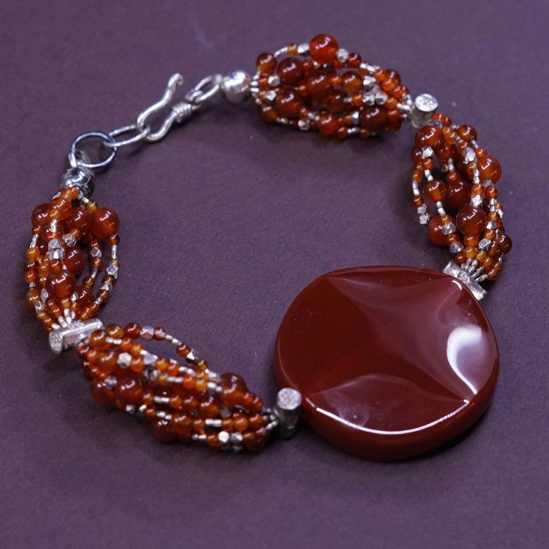 6.5”, vtg sterling silver handmade bracelet, 925 carnelian bead